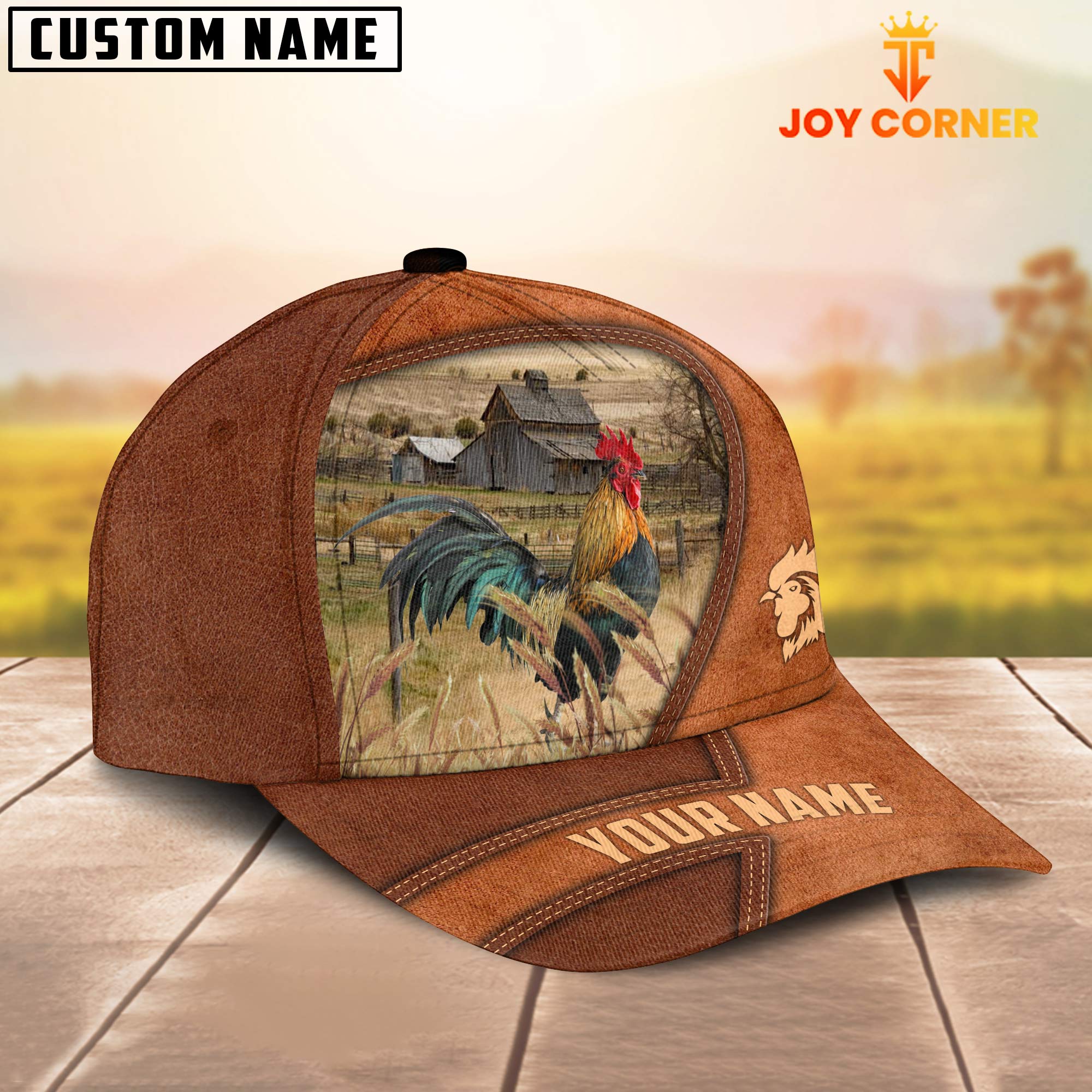 Chicken Customized Name Brown Leather Pattern Cap