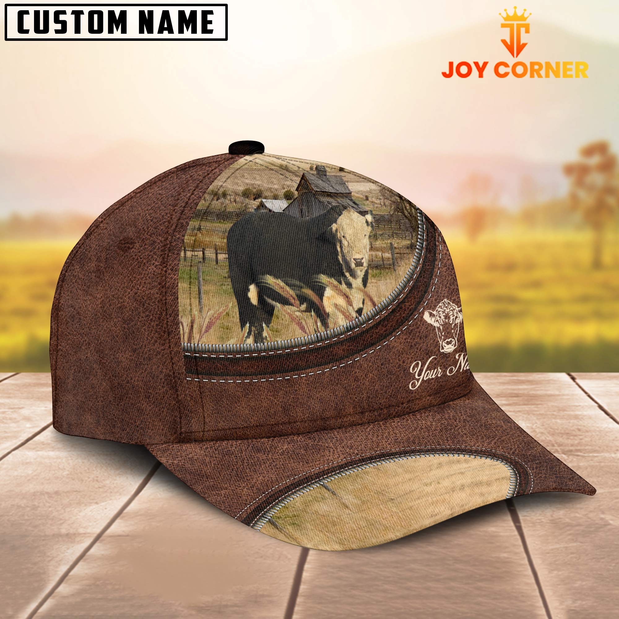 Black Hereford On The Farm Customized Name Leather Pattern Cap