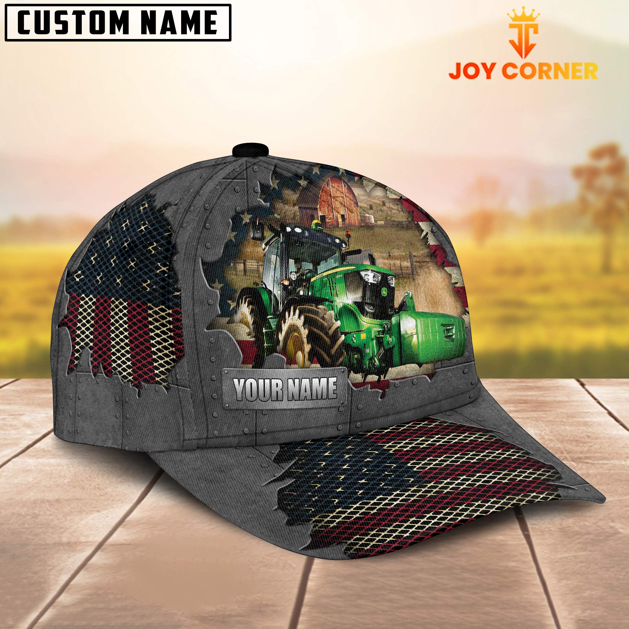 Farm Tractor Customized Name US Flag Net Cap