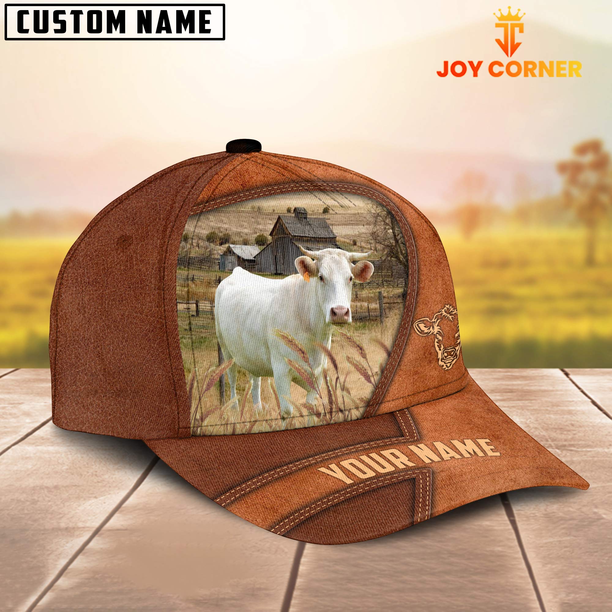 Charolais Customized Name Brown Leather Pattern Cap