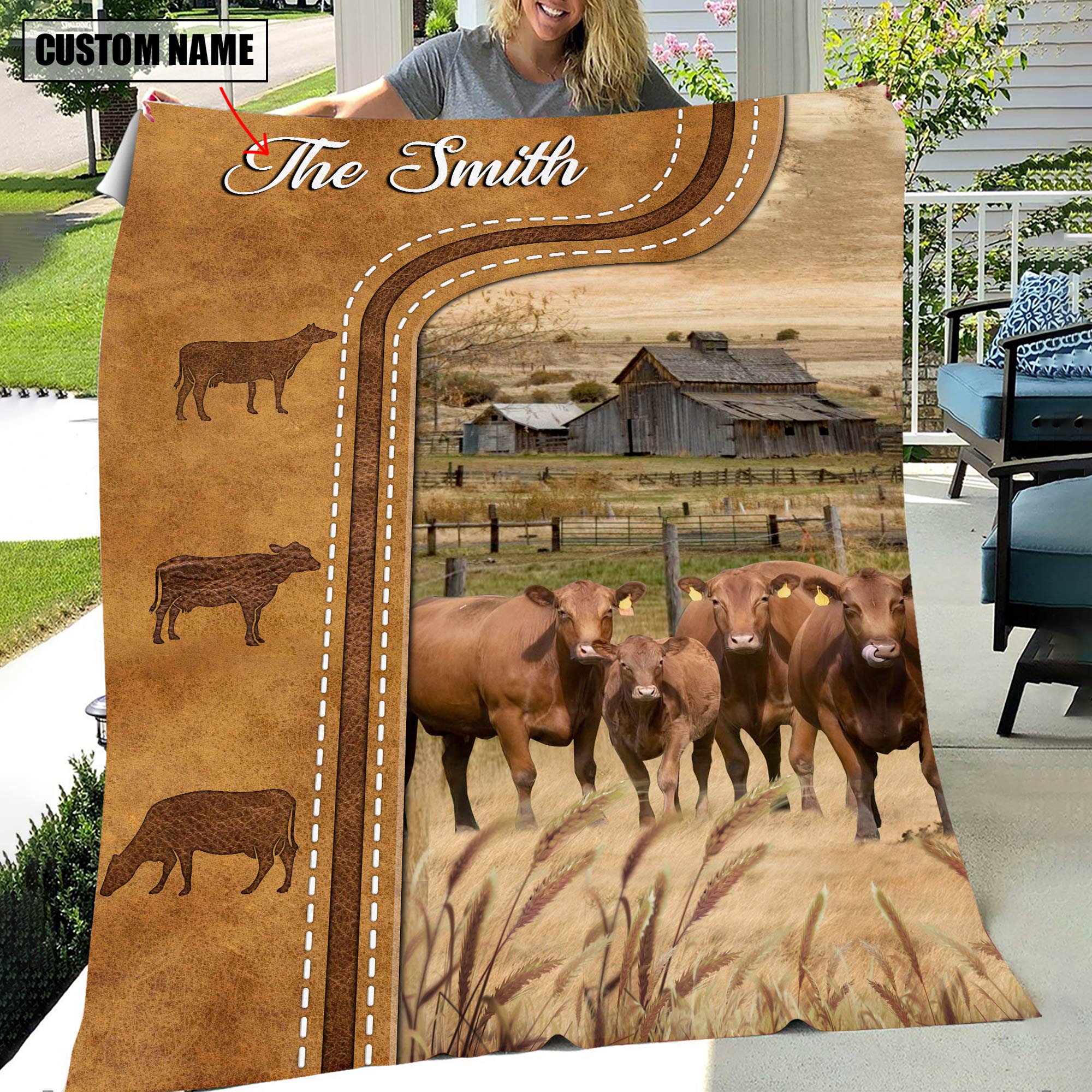 Personalized Red Angus Cattle In Field Farmhouse Blanket