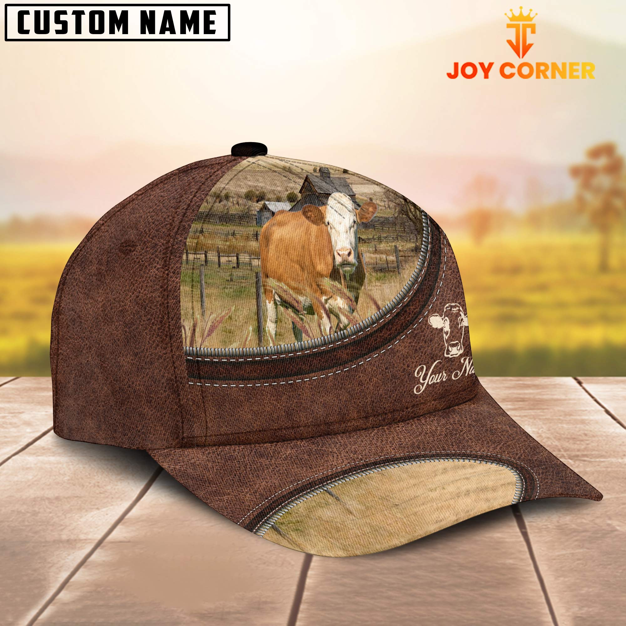 Fleckvieh On The Farm Customized Name Leather Pattern Cap
