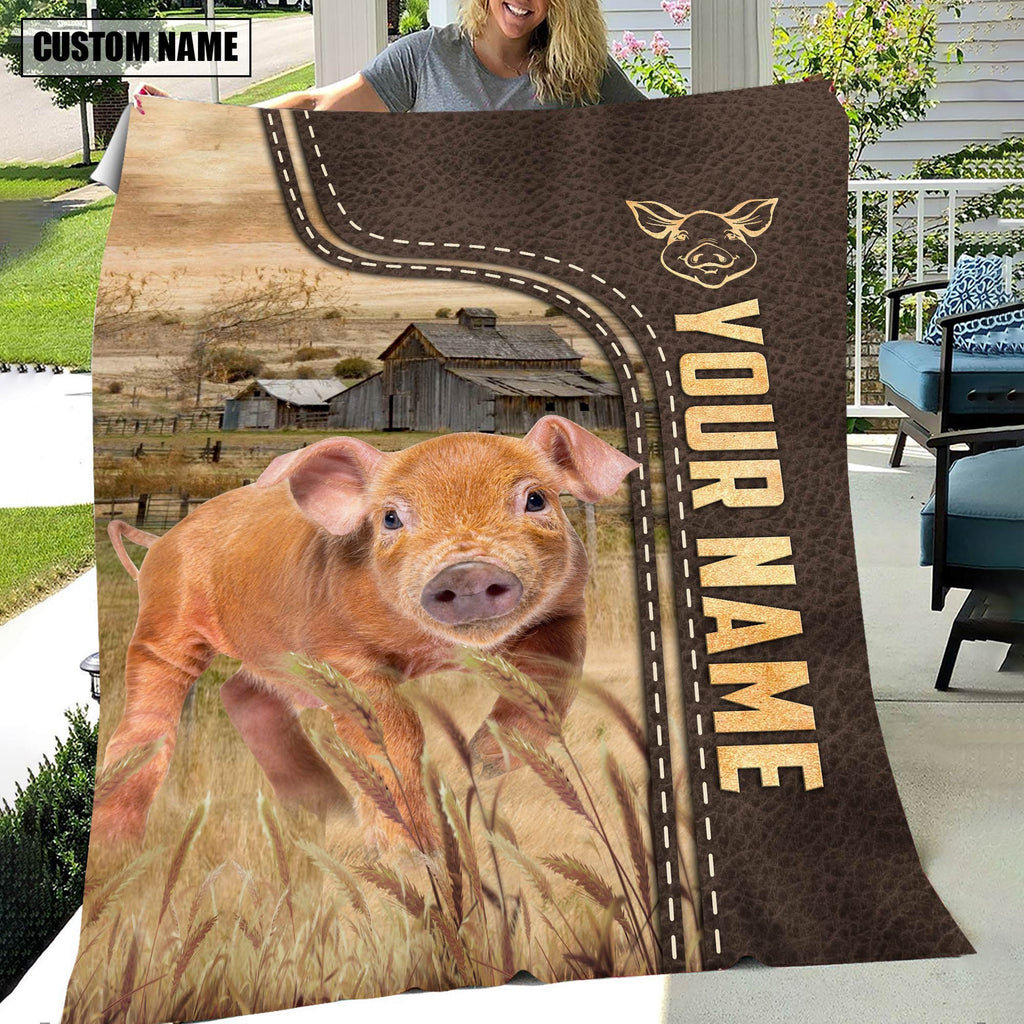 Personalized Name Pig Brown Leather Pattern Blanket