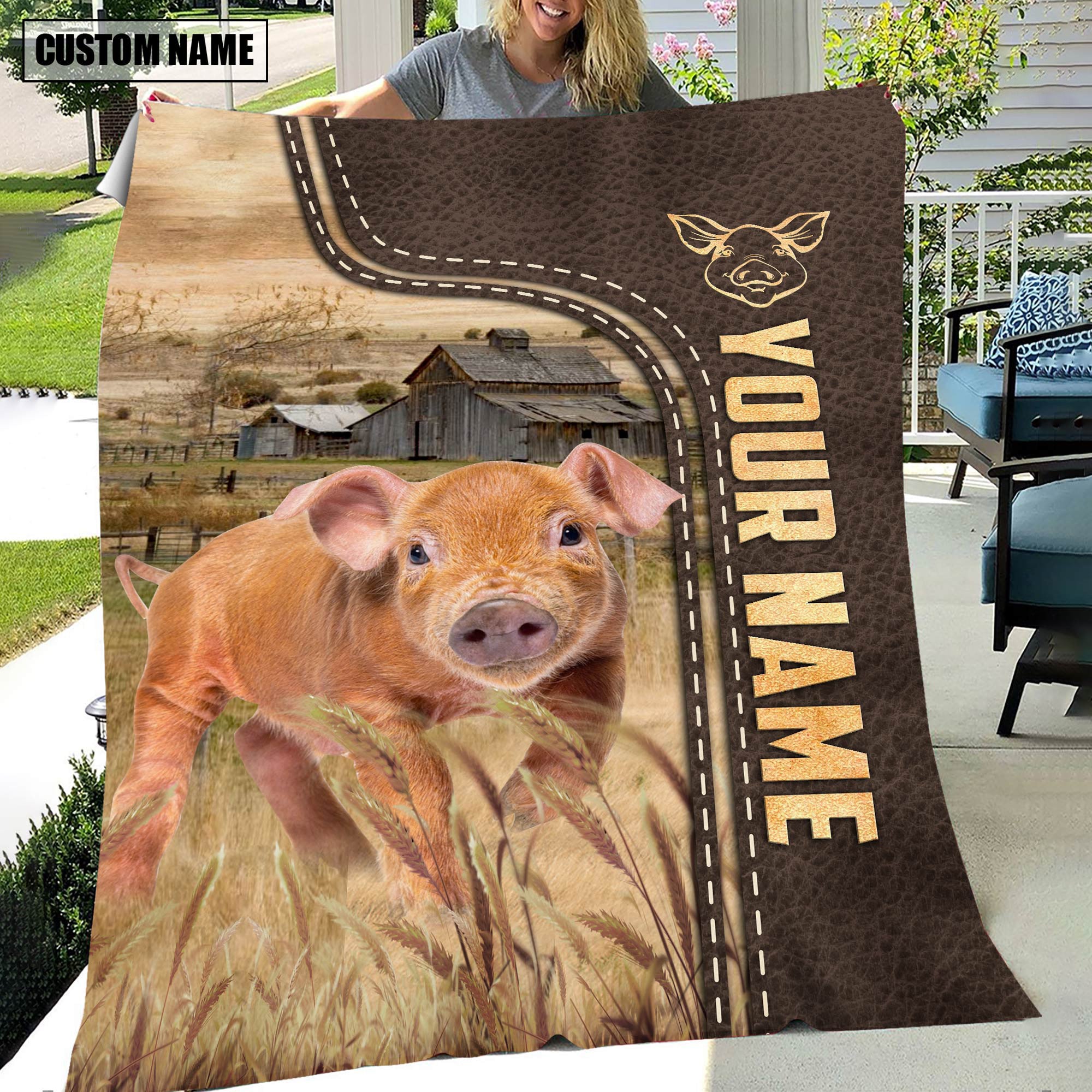 Personalized Name Pig Brown Leather Pattern Blanket
