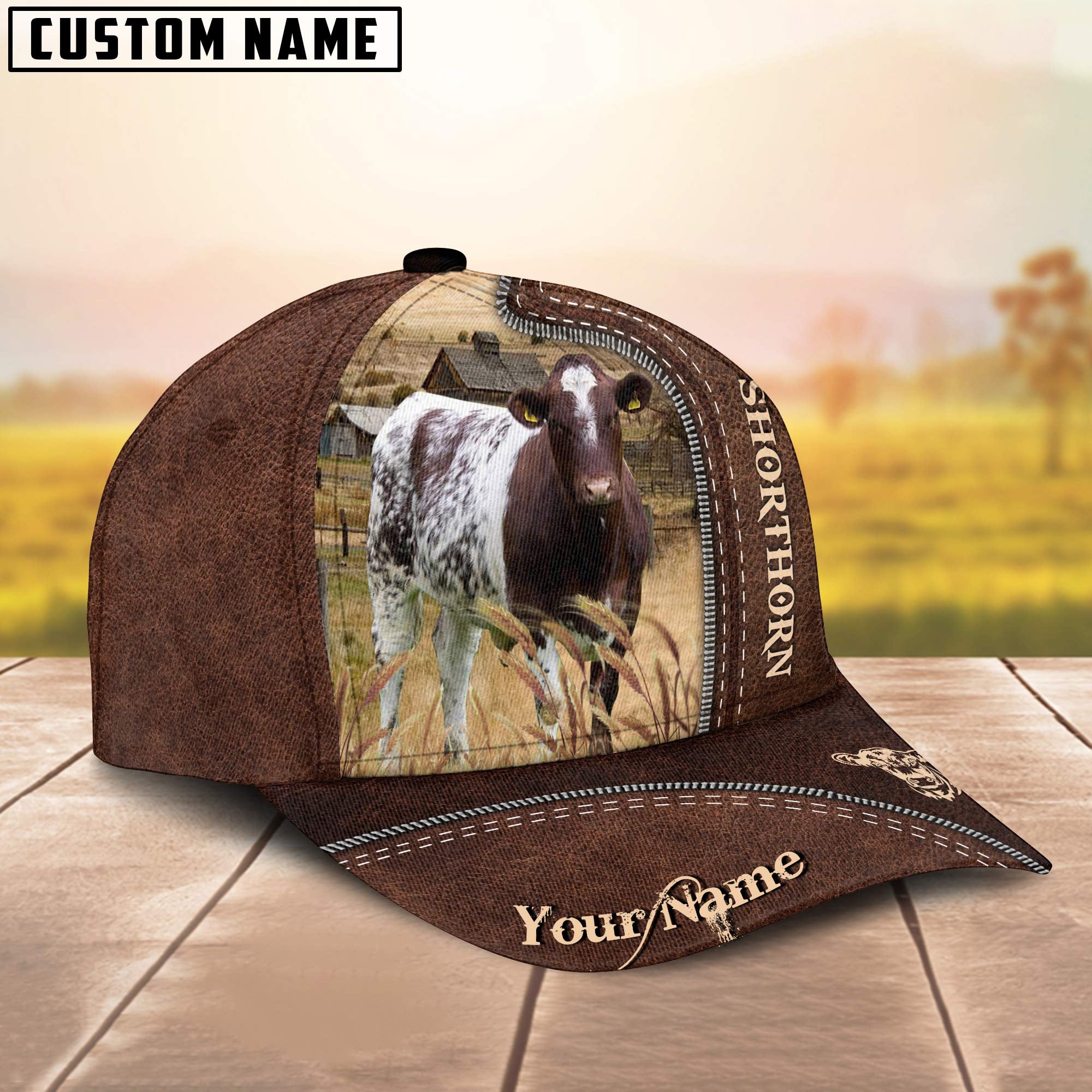Shorthorn Customized Name Leather Pattern Cap