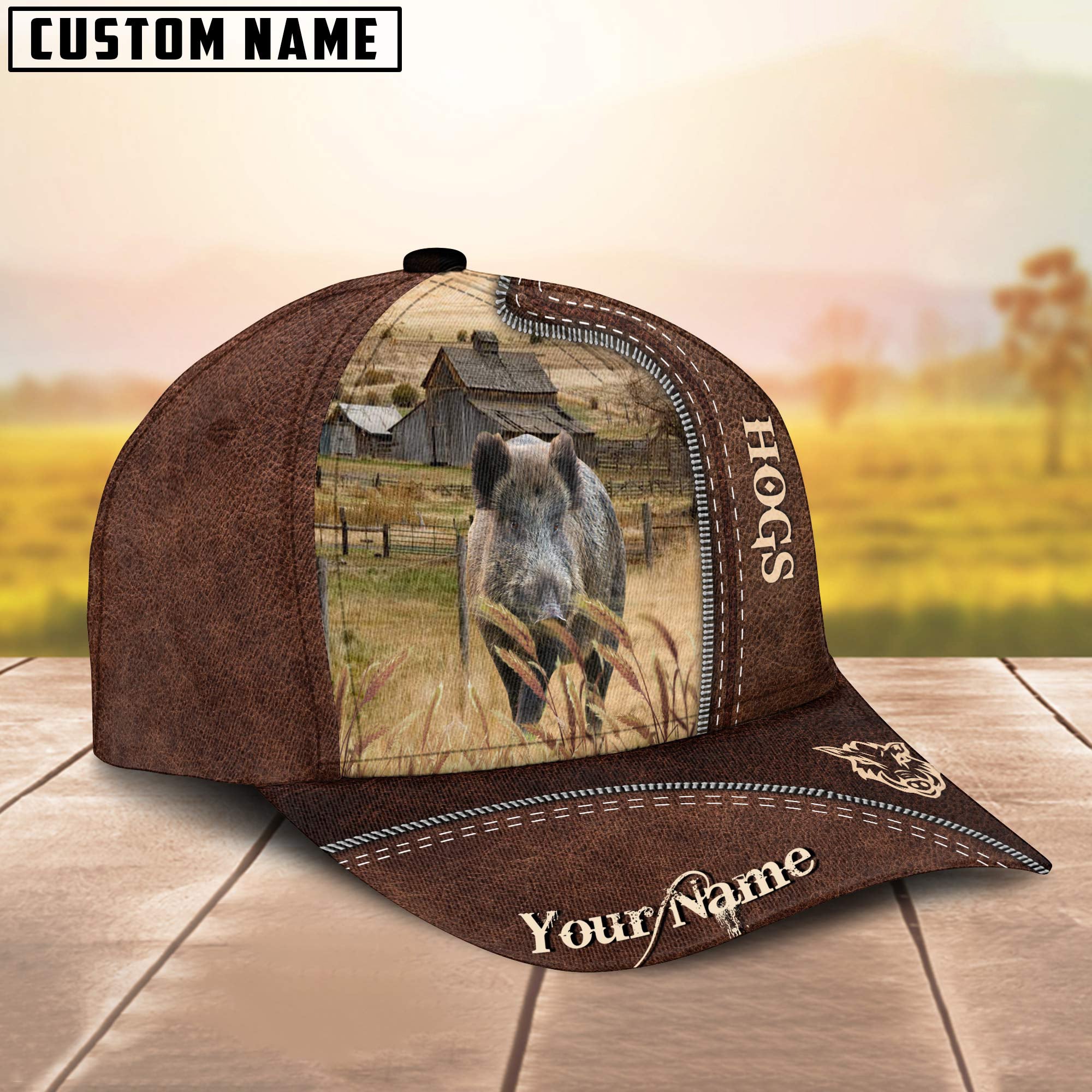 Hogs Customized Name Leather Pattern Cap