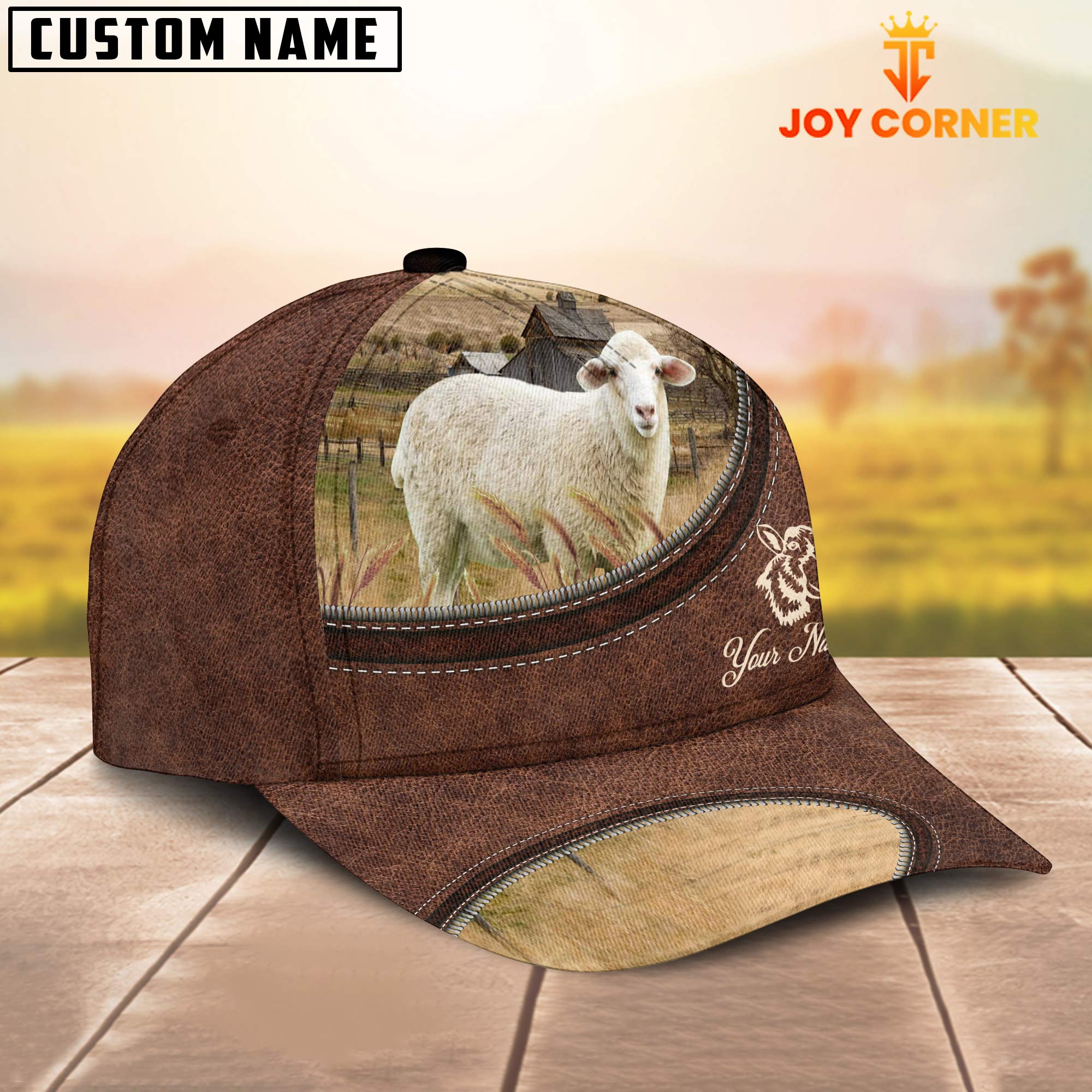 Sheep On The Farm Customized Name Leather Pattern Cap