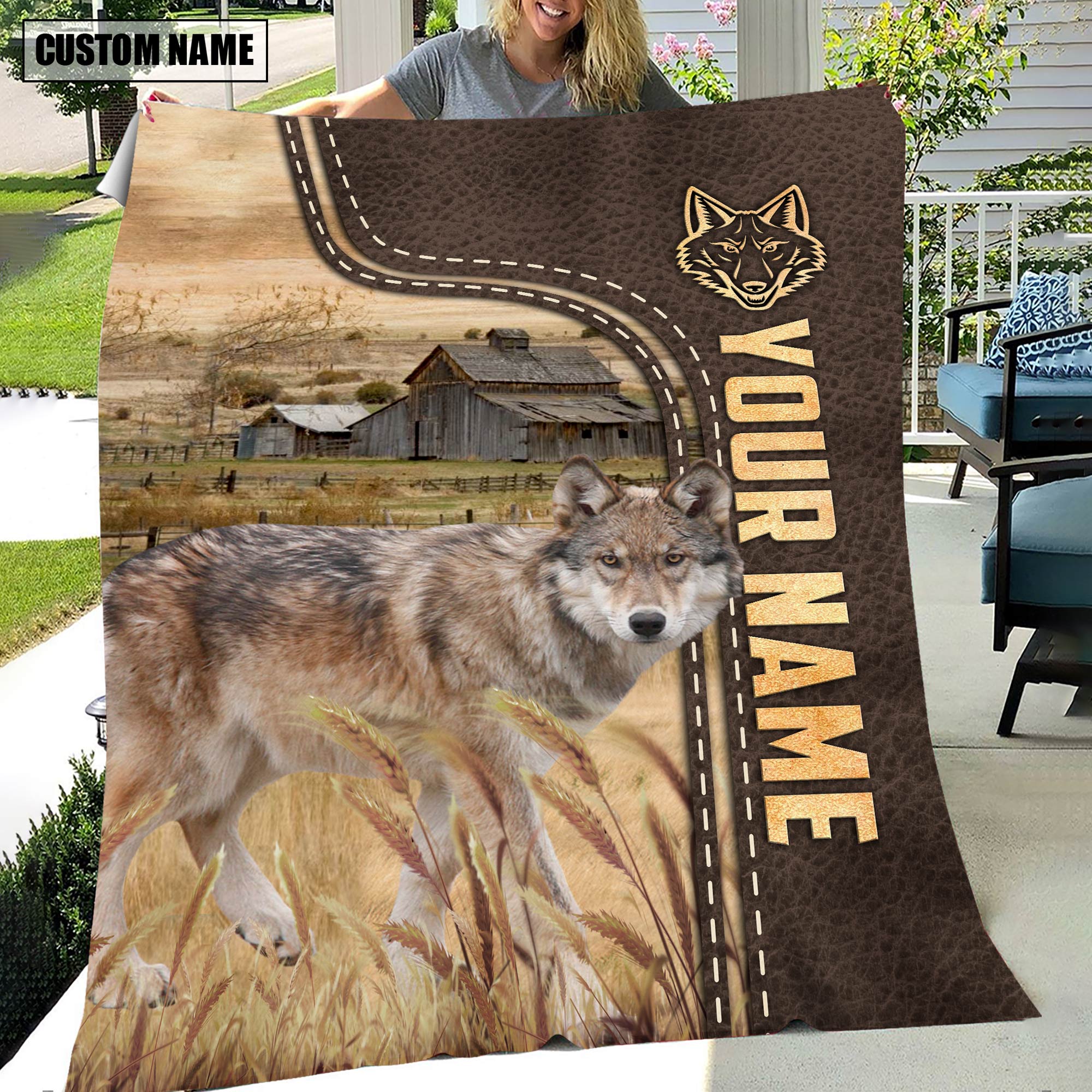 Personalized Name Coyotes Leather Pattern Blanket