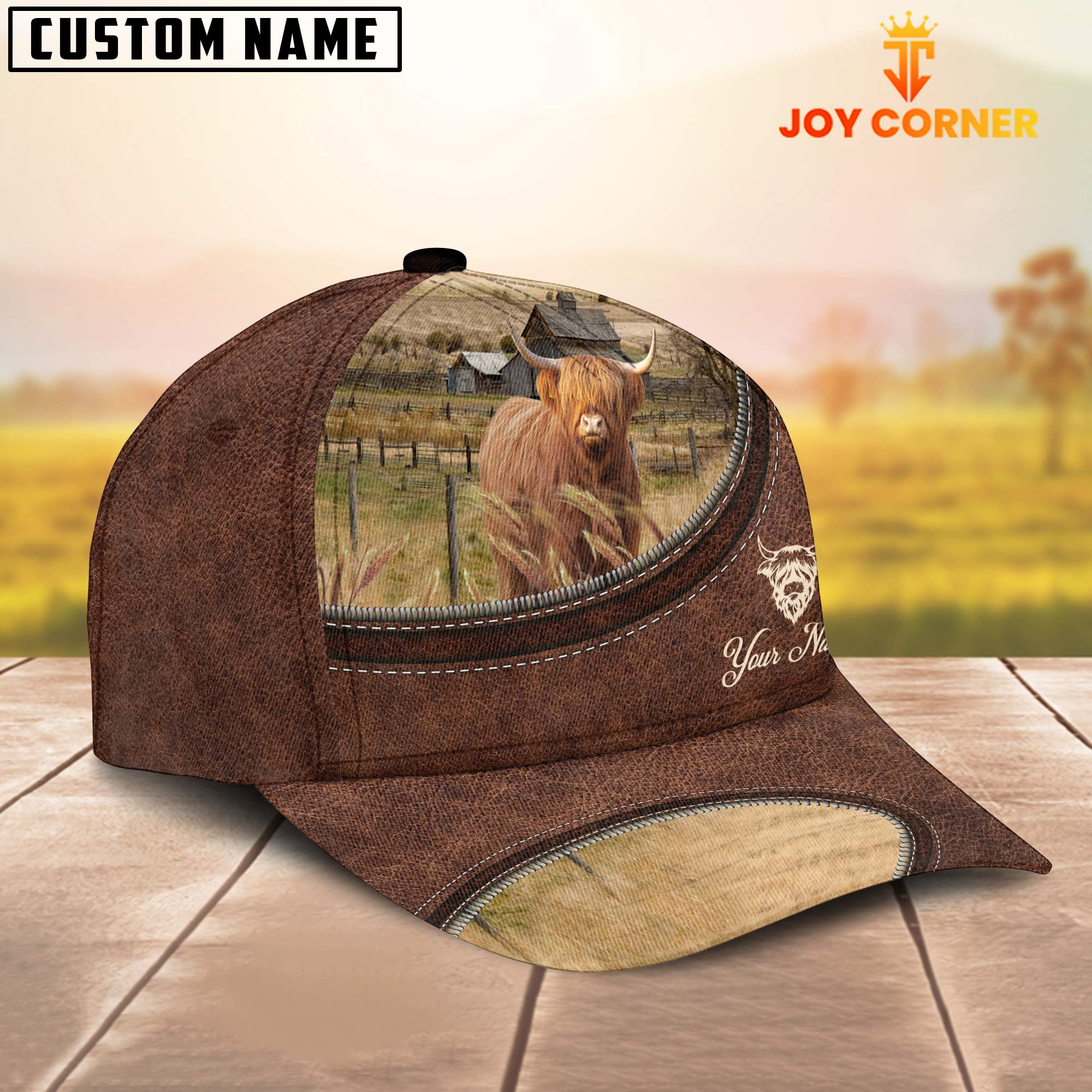 Miniature Highland On The Farm Customized Name Leather Pattern Cap