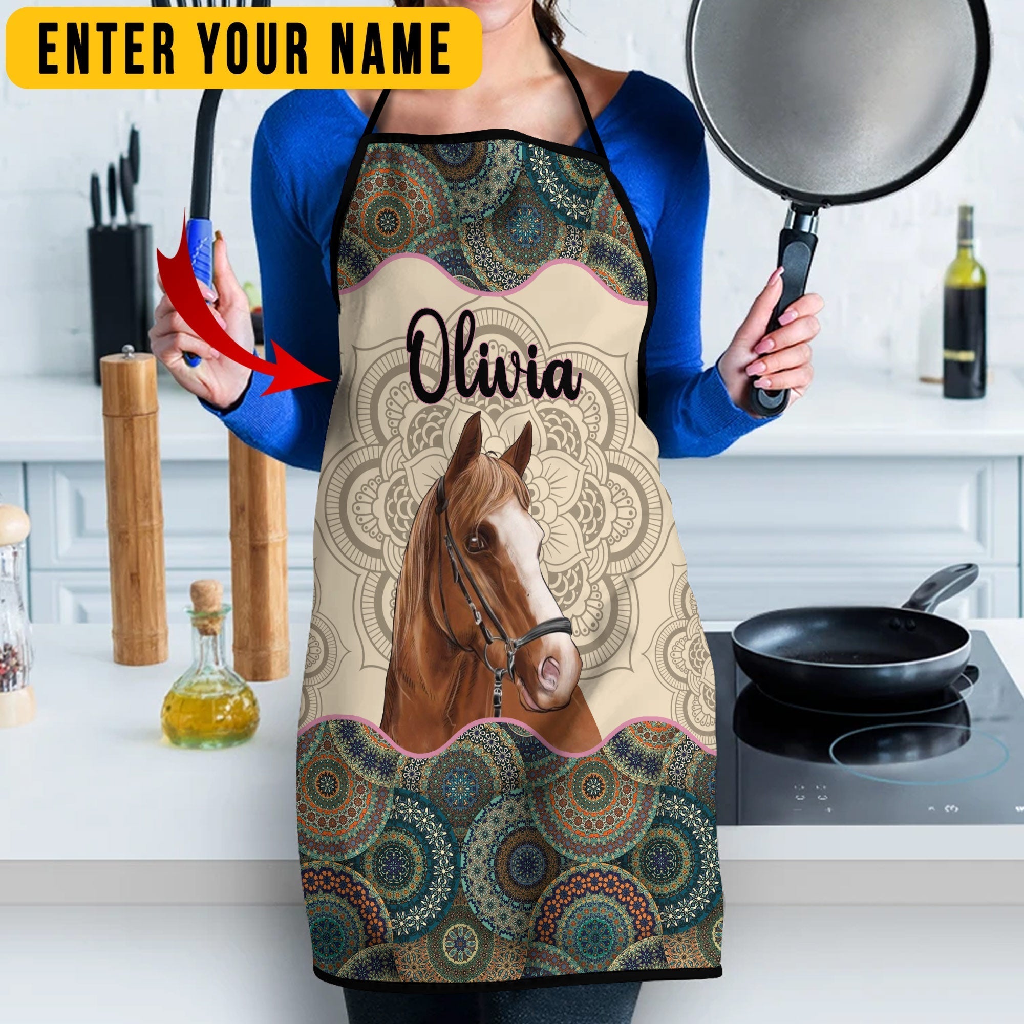 Personalized Name Mandala Pattern Horse All Over Printed 3D Apron