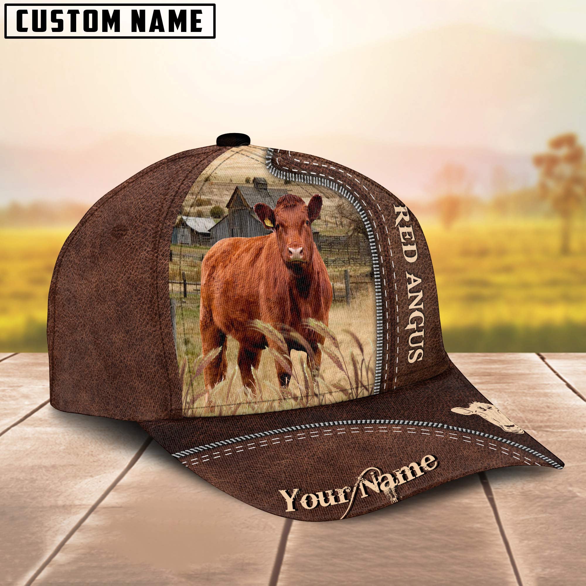 Red Angus Customized Name Leather Pattern Cap