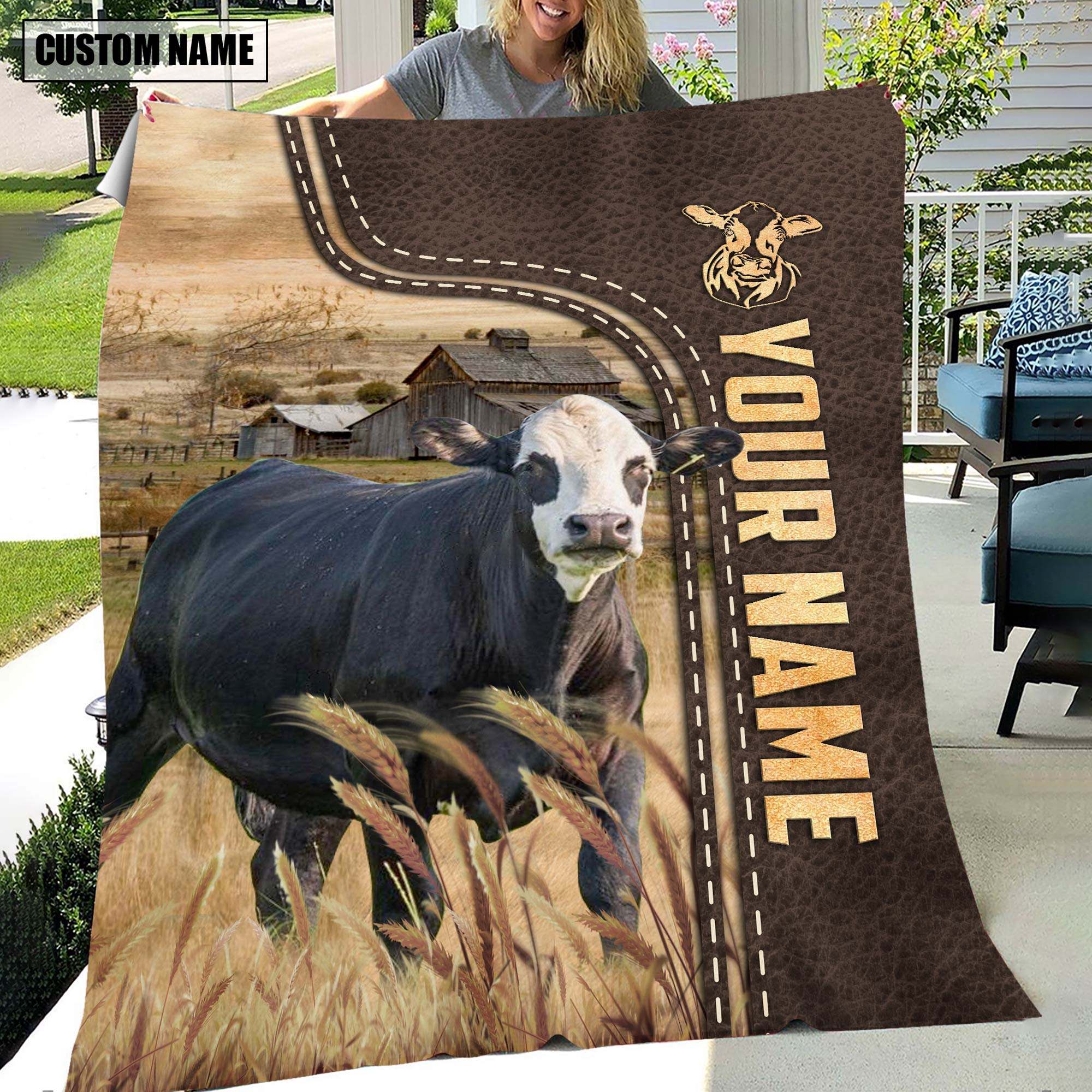 Personalized Name Black Baldy Leather Pattern Blanket