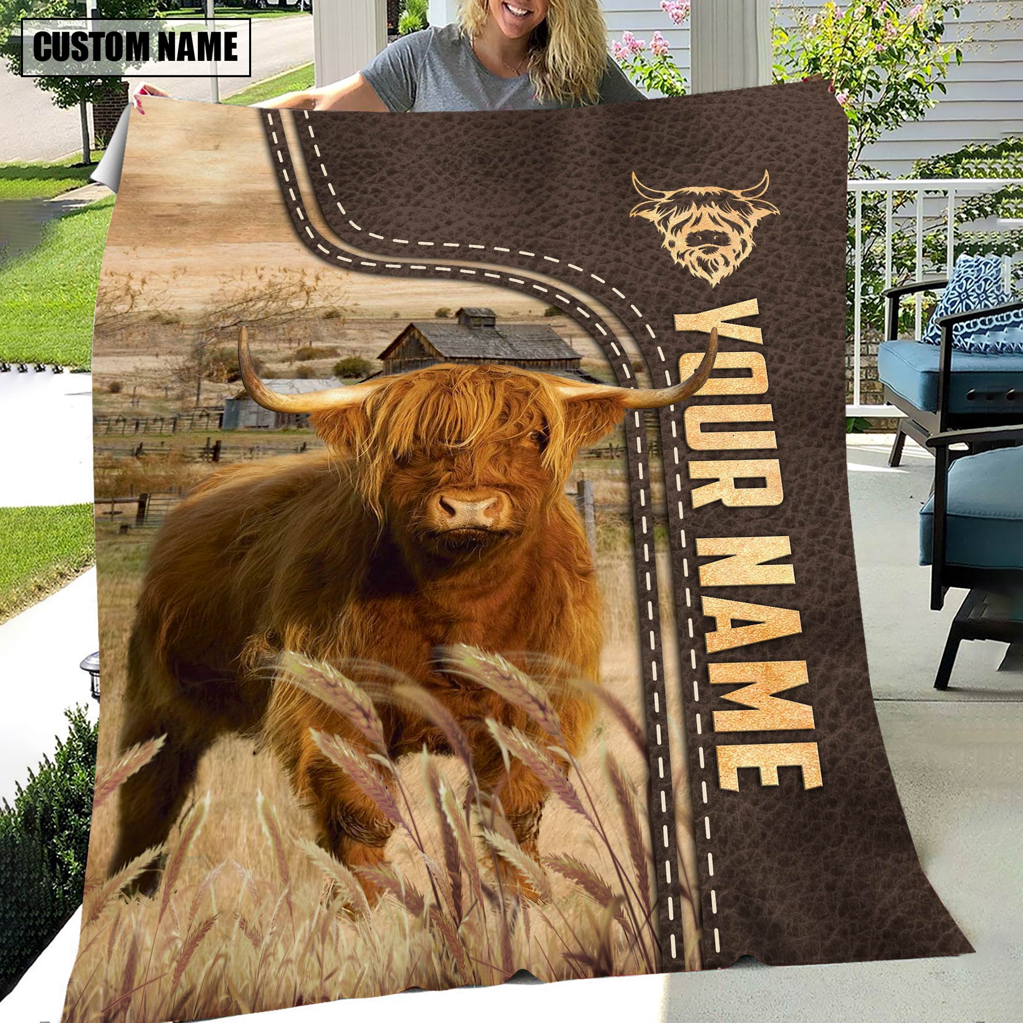 Personalized Name Highland Leather Pattern Blanket