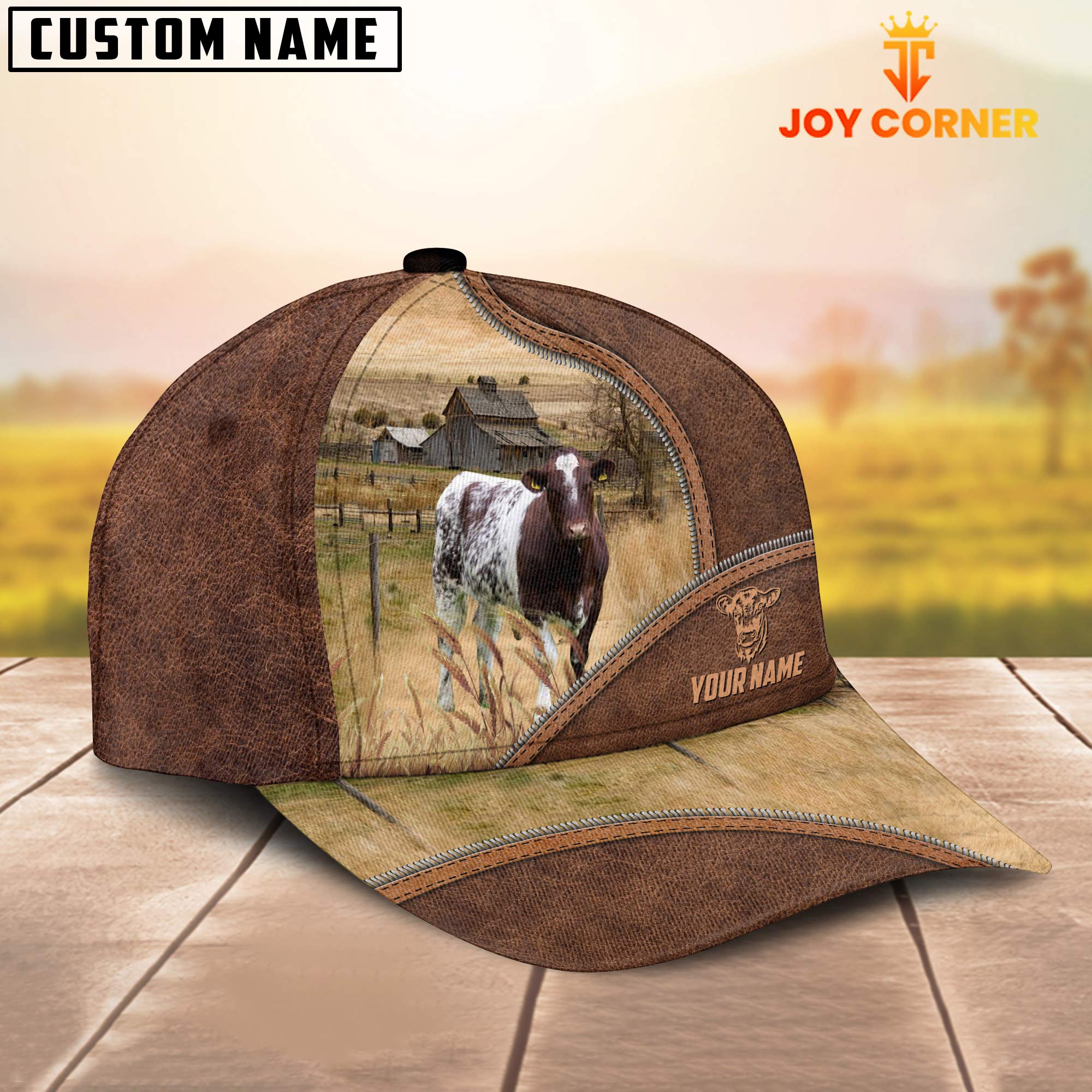 Shorthorn Zipper Leather Pattern Customized Name Cap
