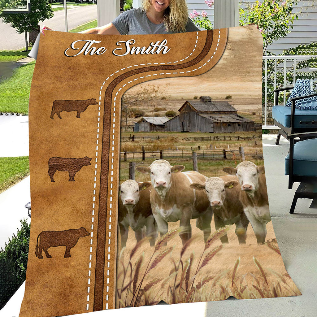 Personalized Fleckvieh Cattle In Field Farmhouse Blanket