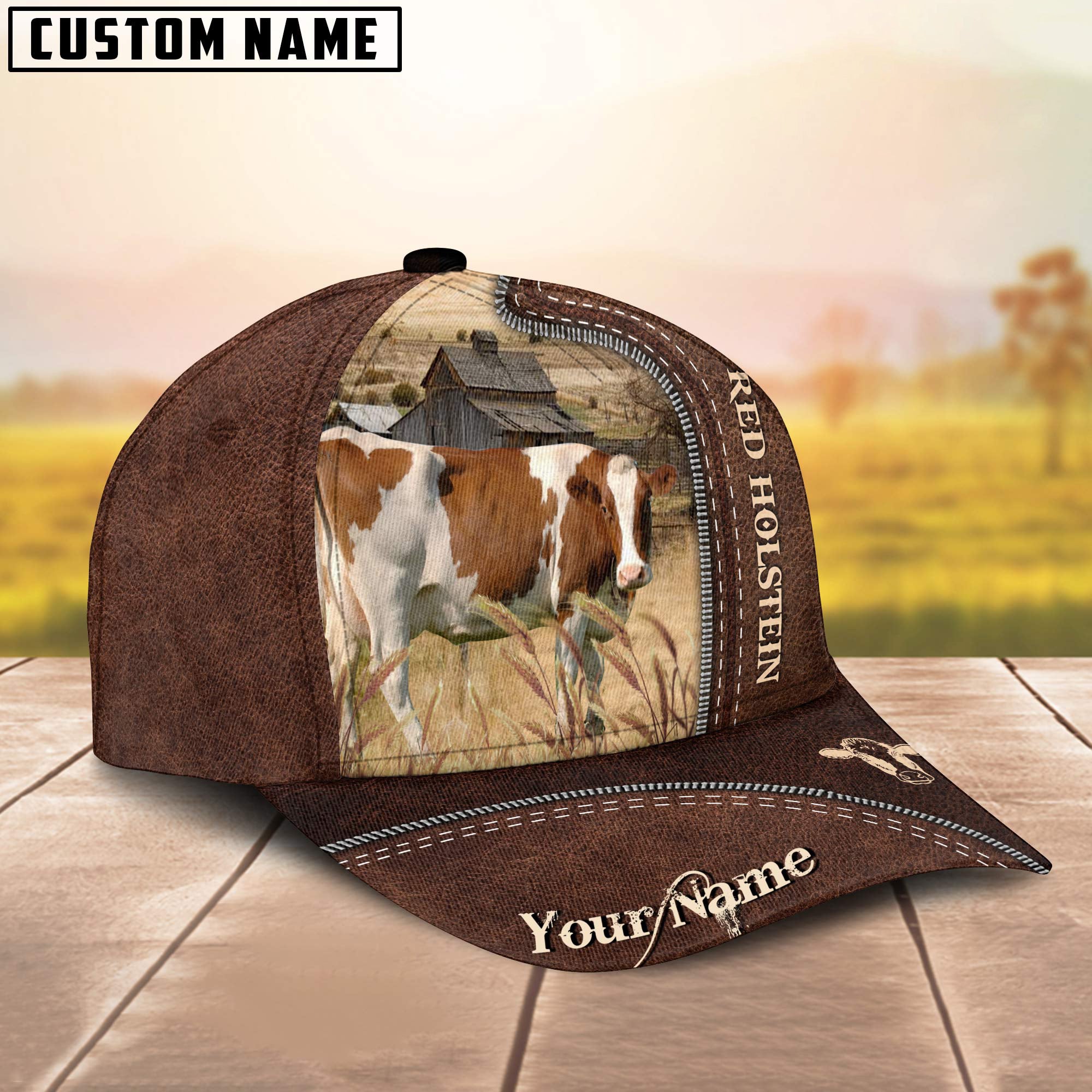Red Holstein Customized Name Leather Pattern Cap