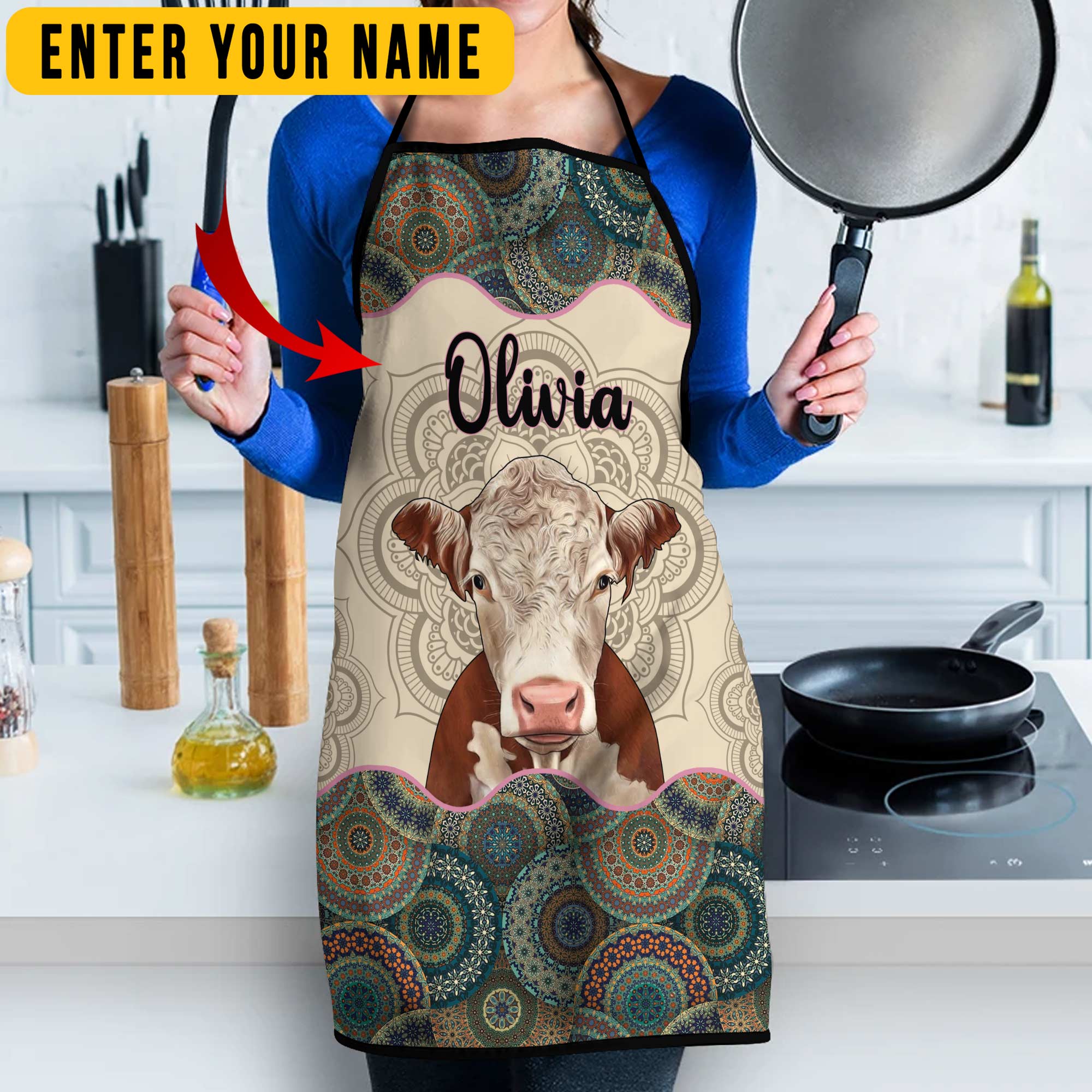 Custom Name Mandala Pattern Hereford All Over Printed 3D Apron