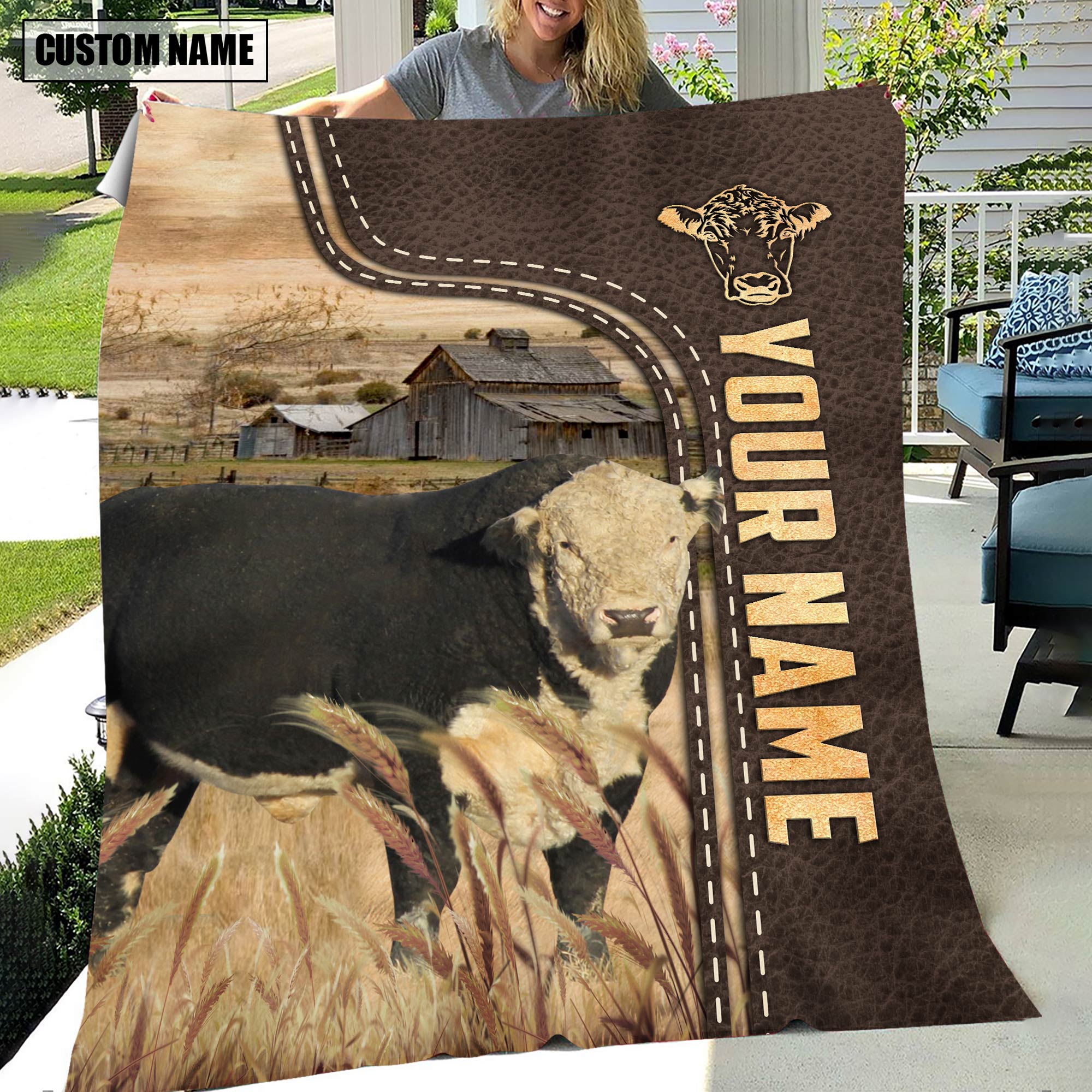Personalized Name Black Hereford Leather Pattern Blanket