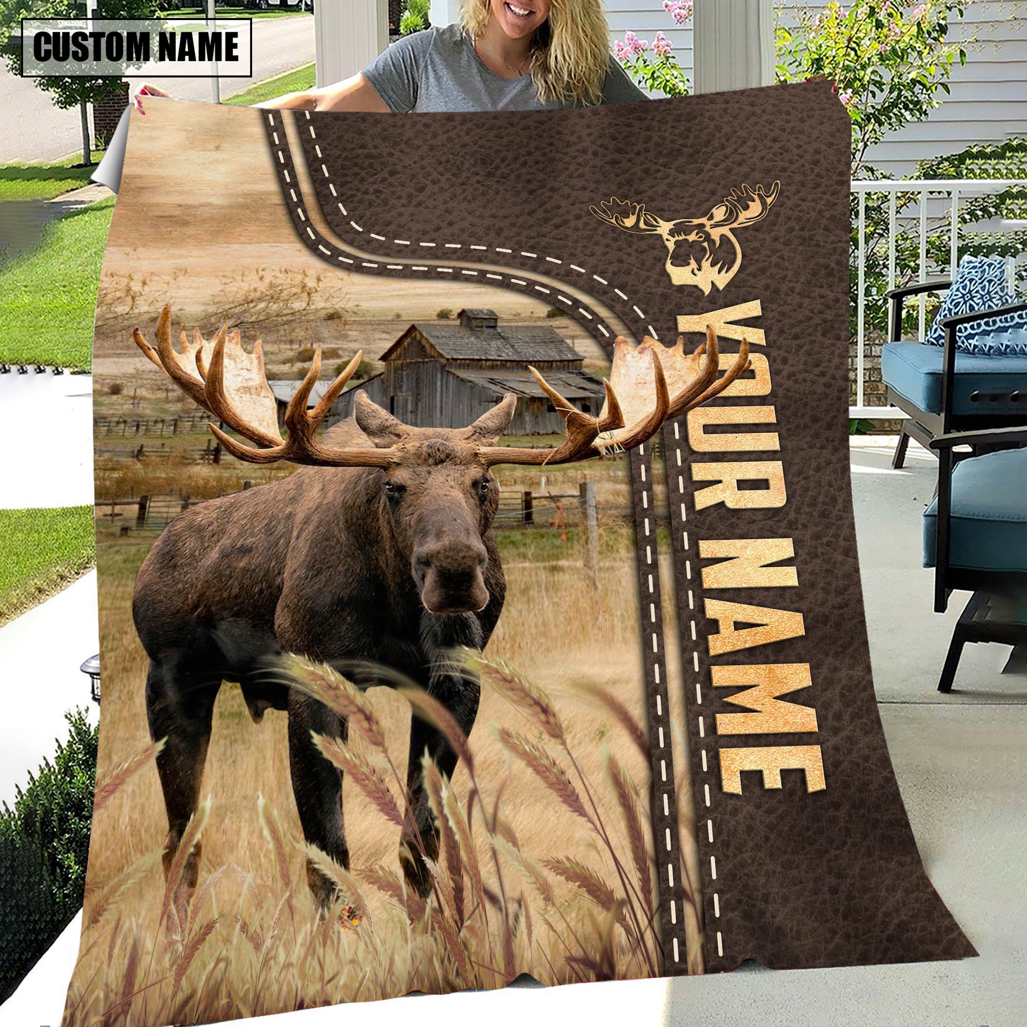 Personalized Name Moose Leather Pattern Blanket
