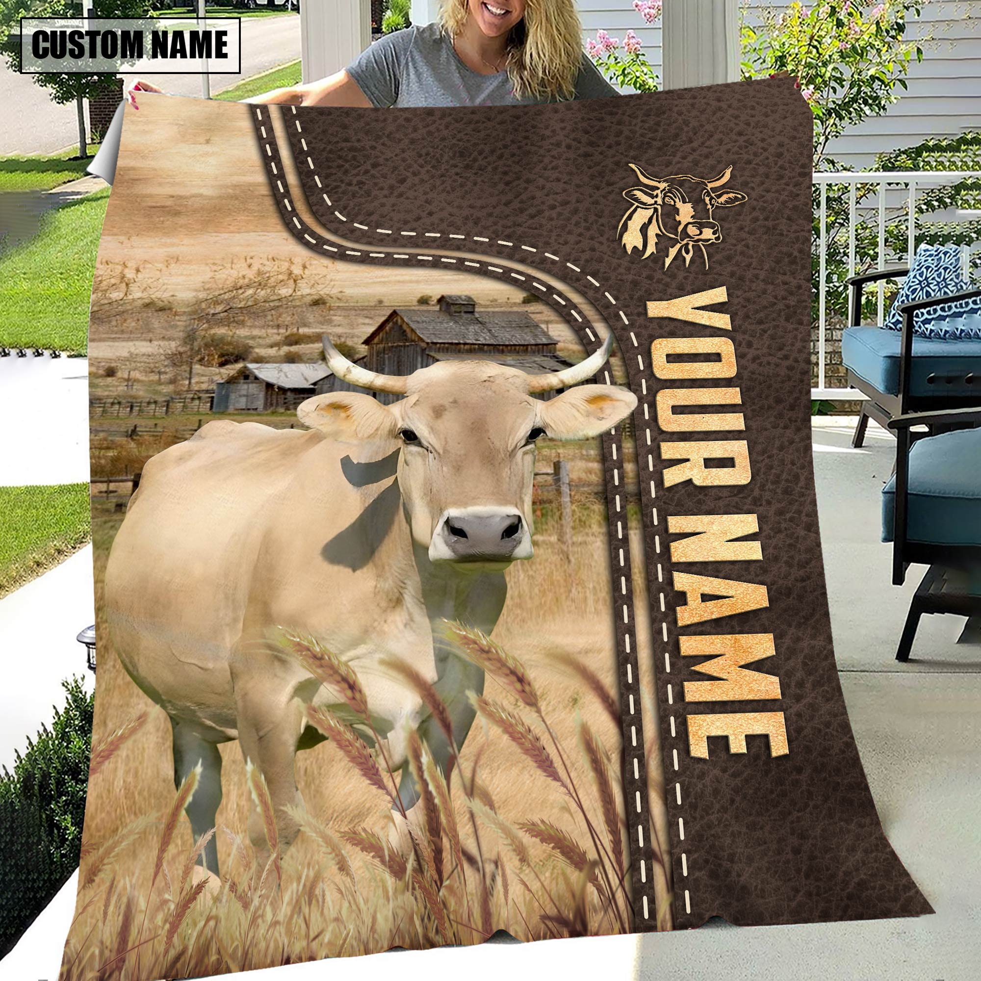 Personalized Name Braunvieh Leather Pattern Blanket