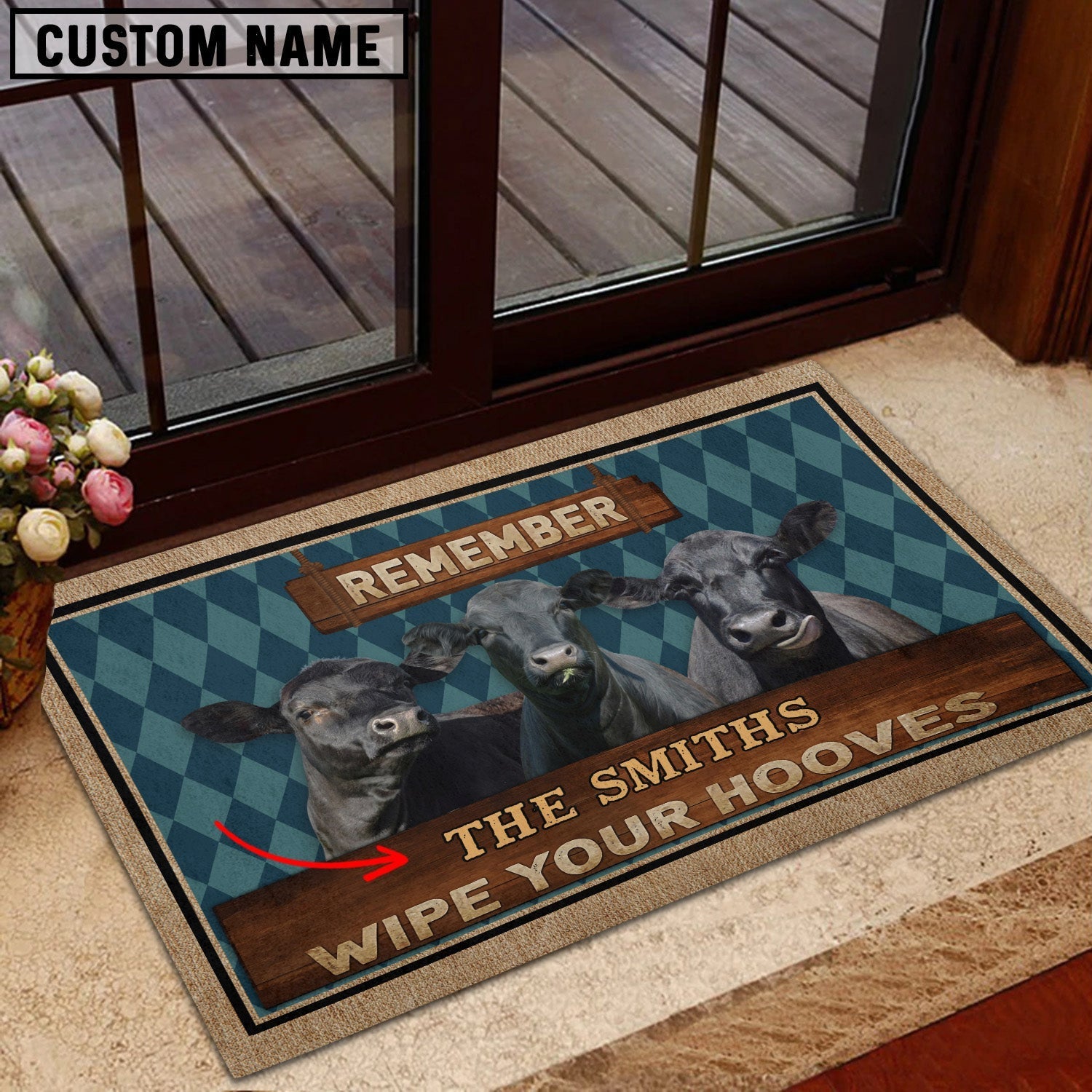 Black Angus Wipe Your Hooves Custom Name Doormat