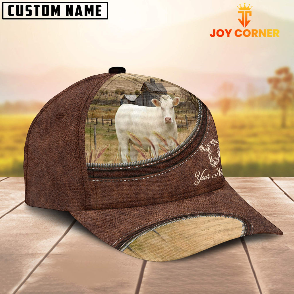 Charolais No Horn On The Farm Customized Name Leather Pattern Cap