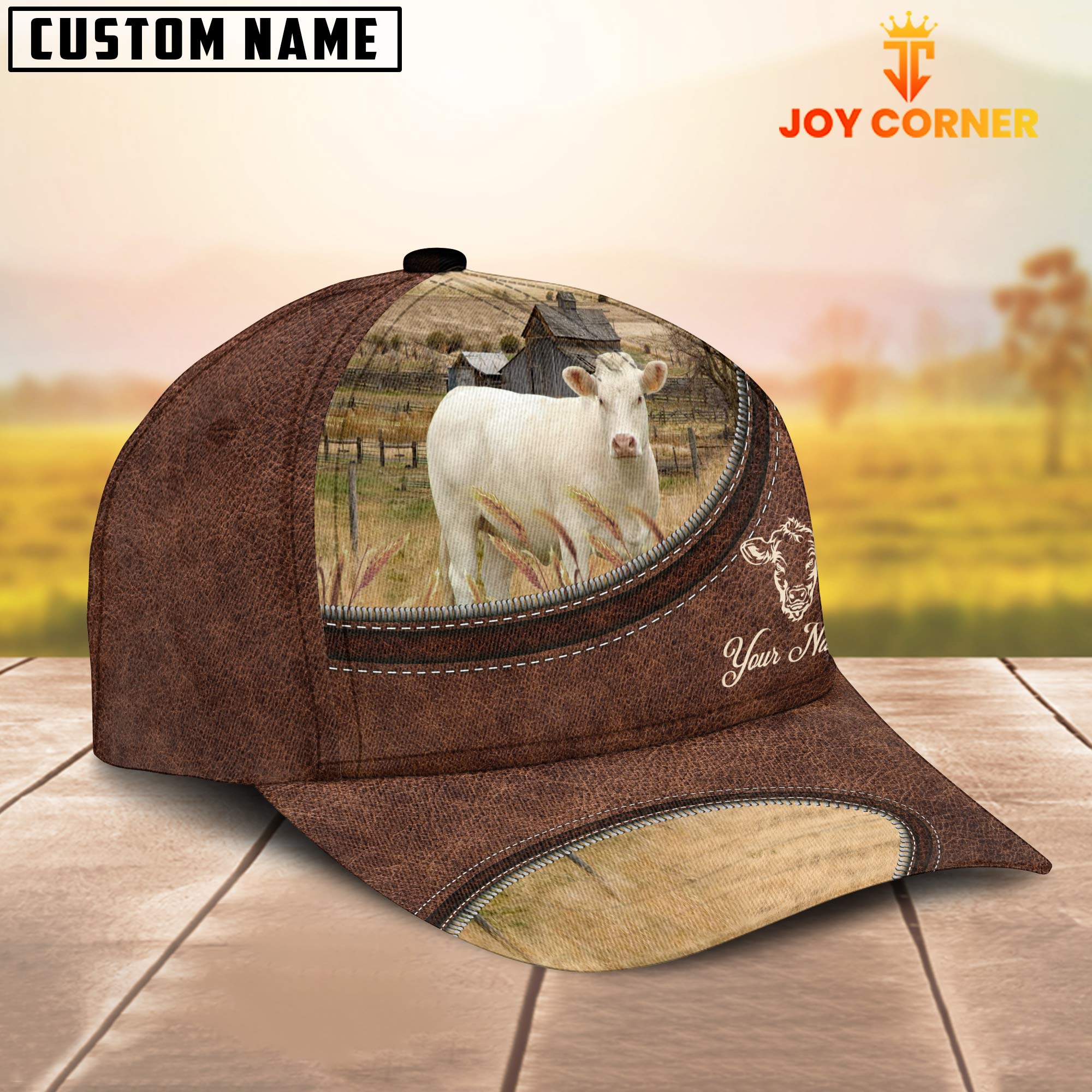 Charolais No Horn On The Farm Customized Name Leather Pattern Cap