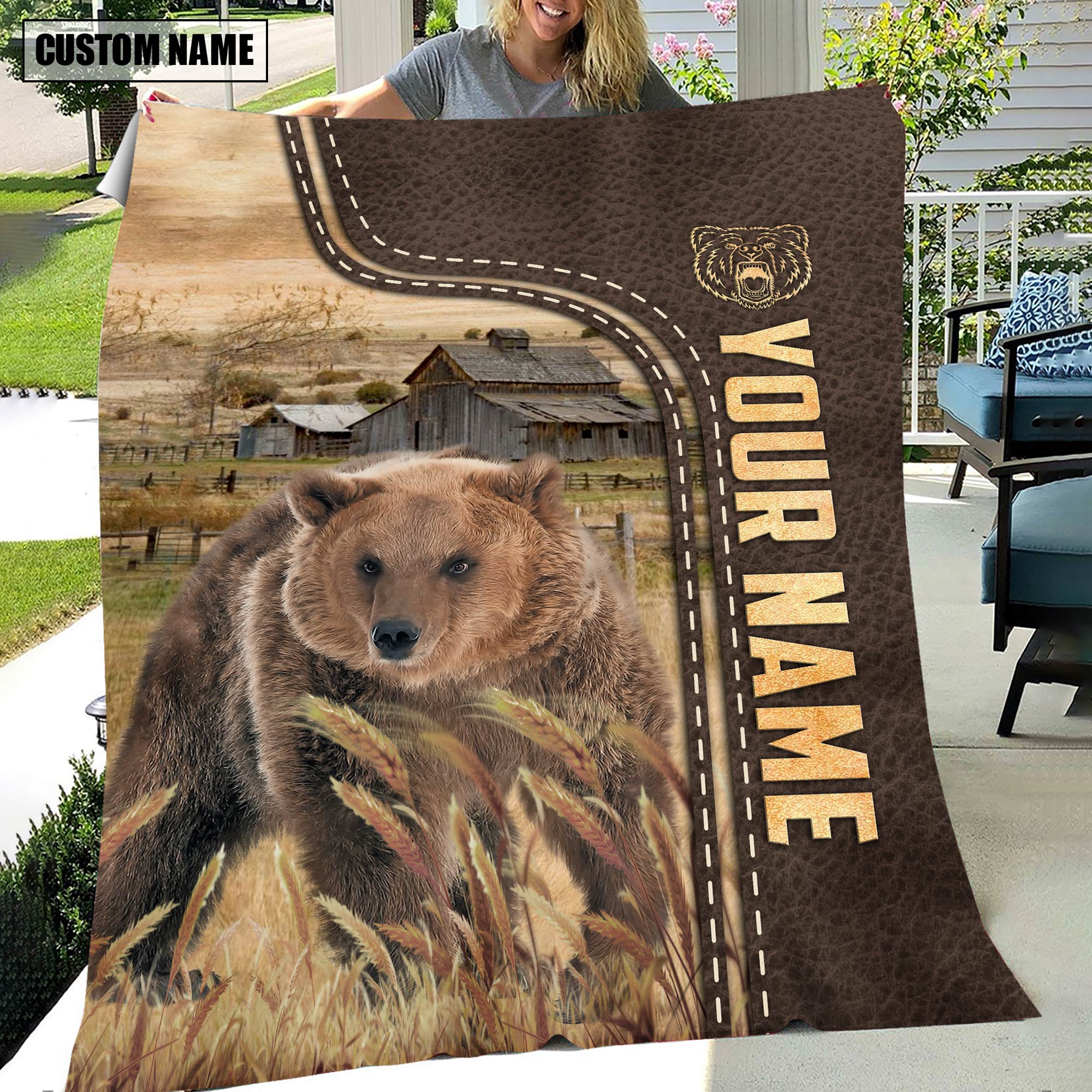 Personalized Name Bear Leather Pattern Blanket