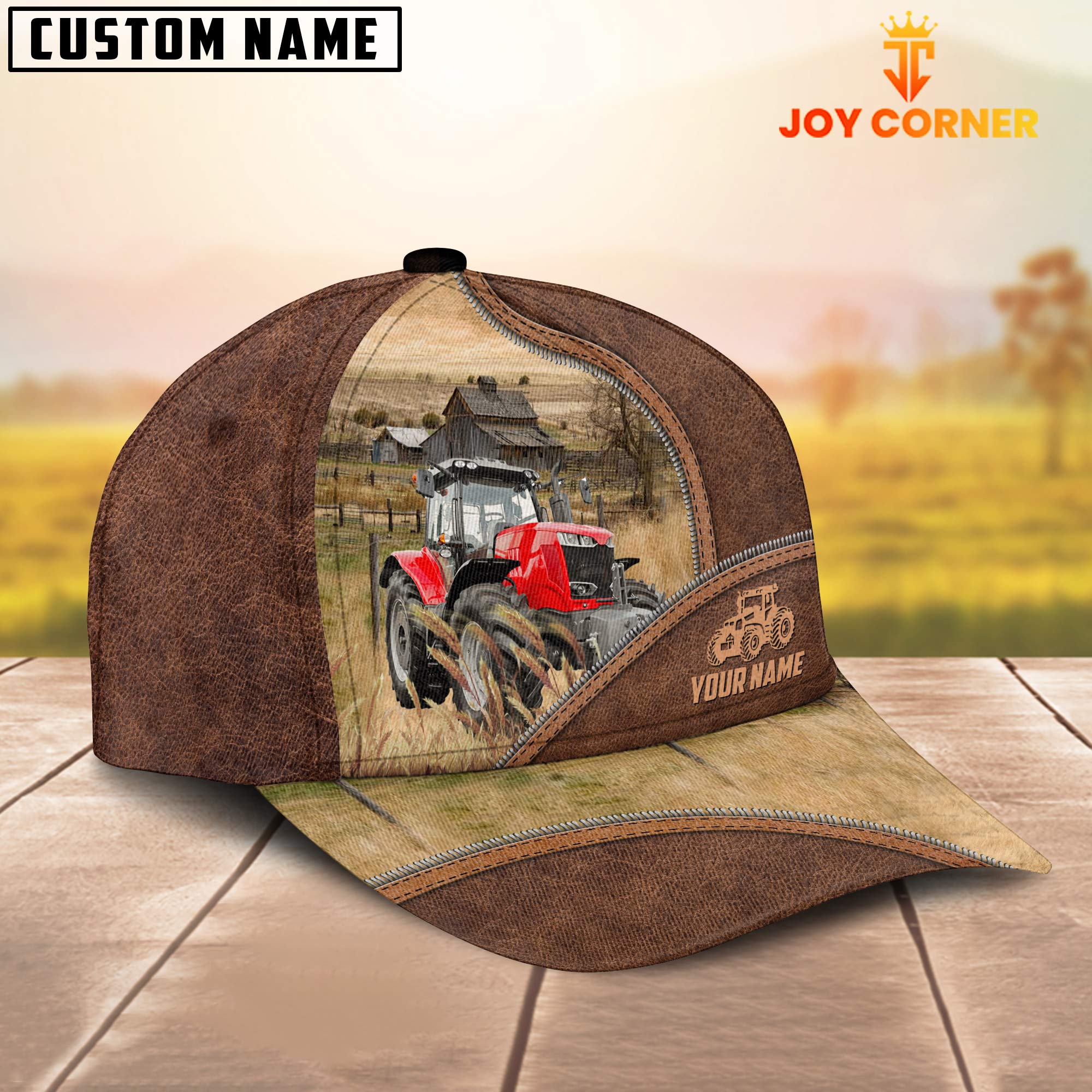Red Tractor Zipper Leather Pattern Customized Name Cap