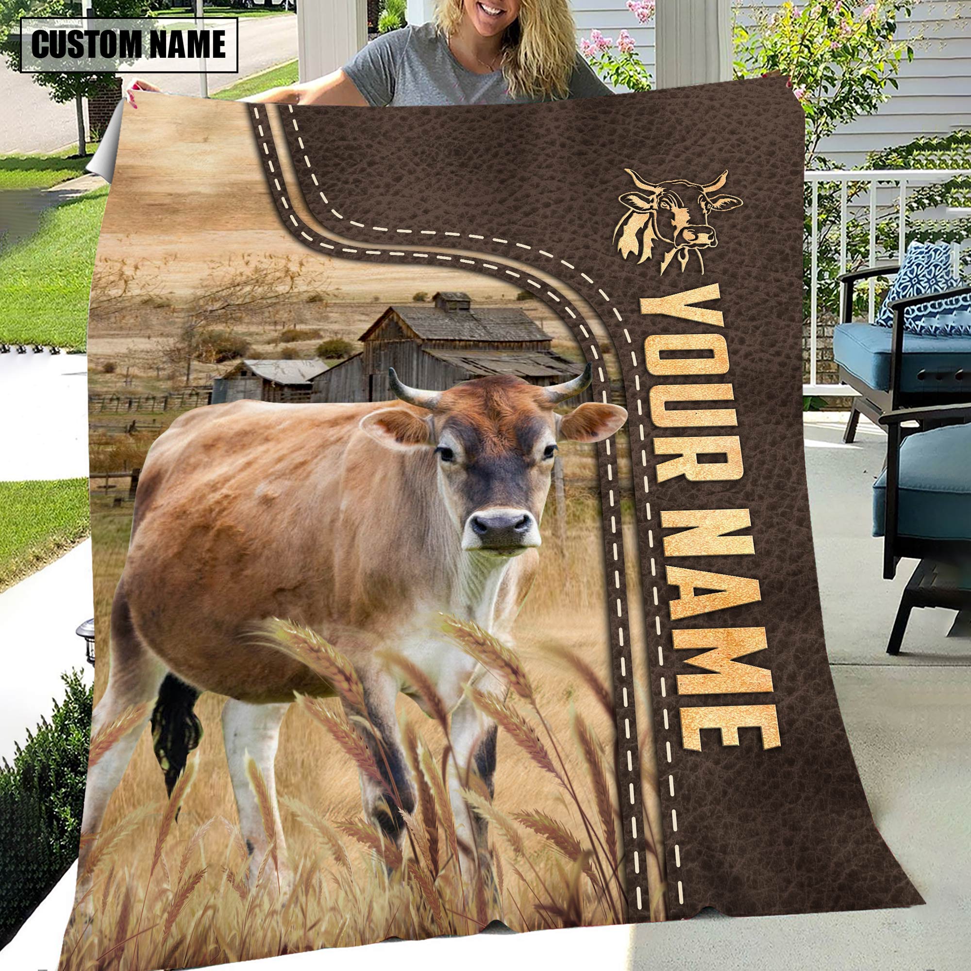 Personalized Name Brown Swiss Leather Pattern Blanket
