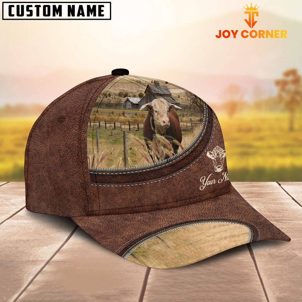 Horn Hereford On The Farm Customized Name Leather Pattern Cap