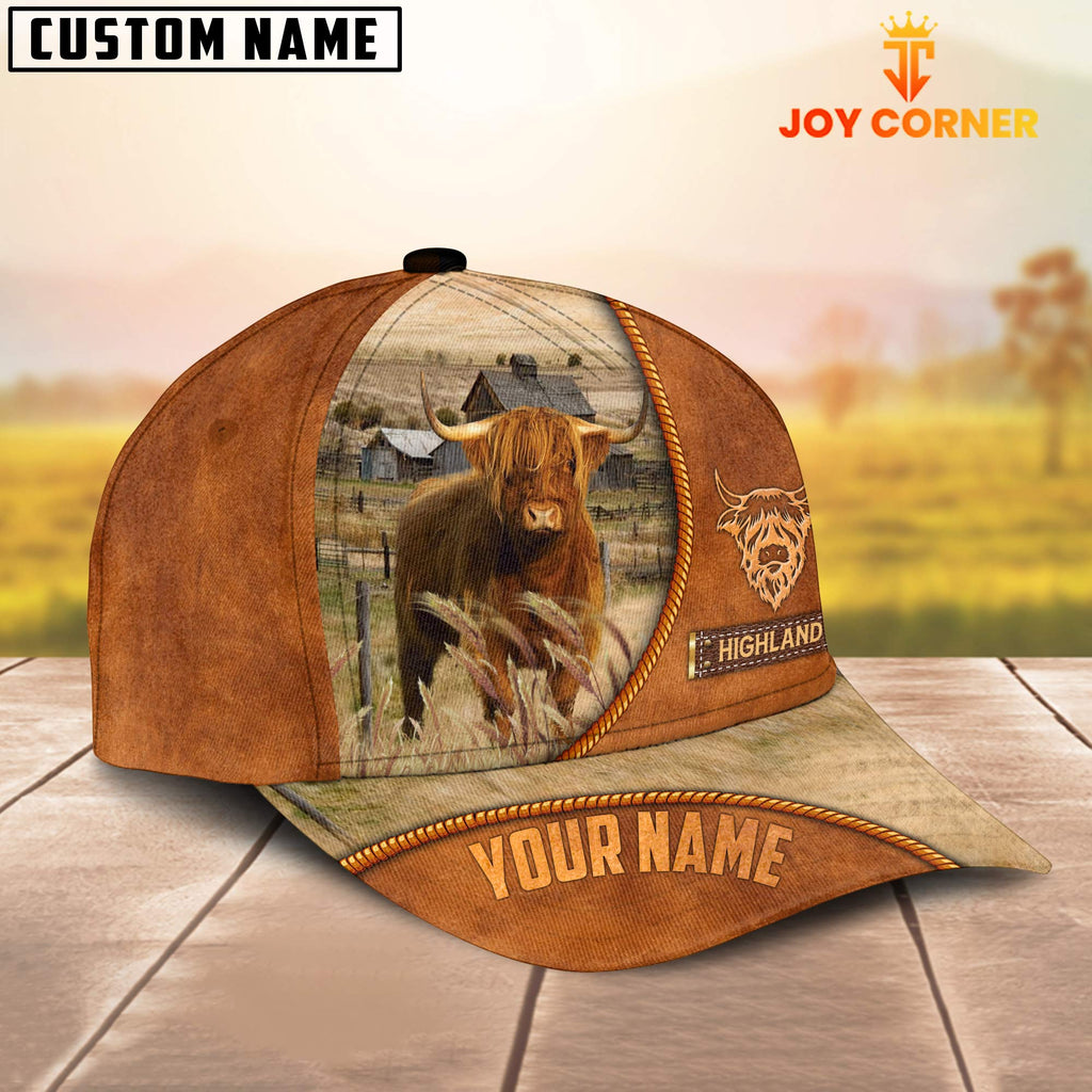 Custom Name Highland Cattle Leather Pattern Cap TT1