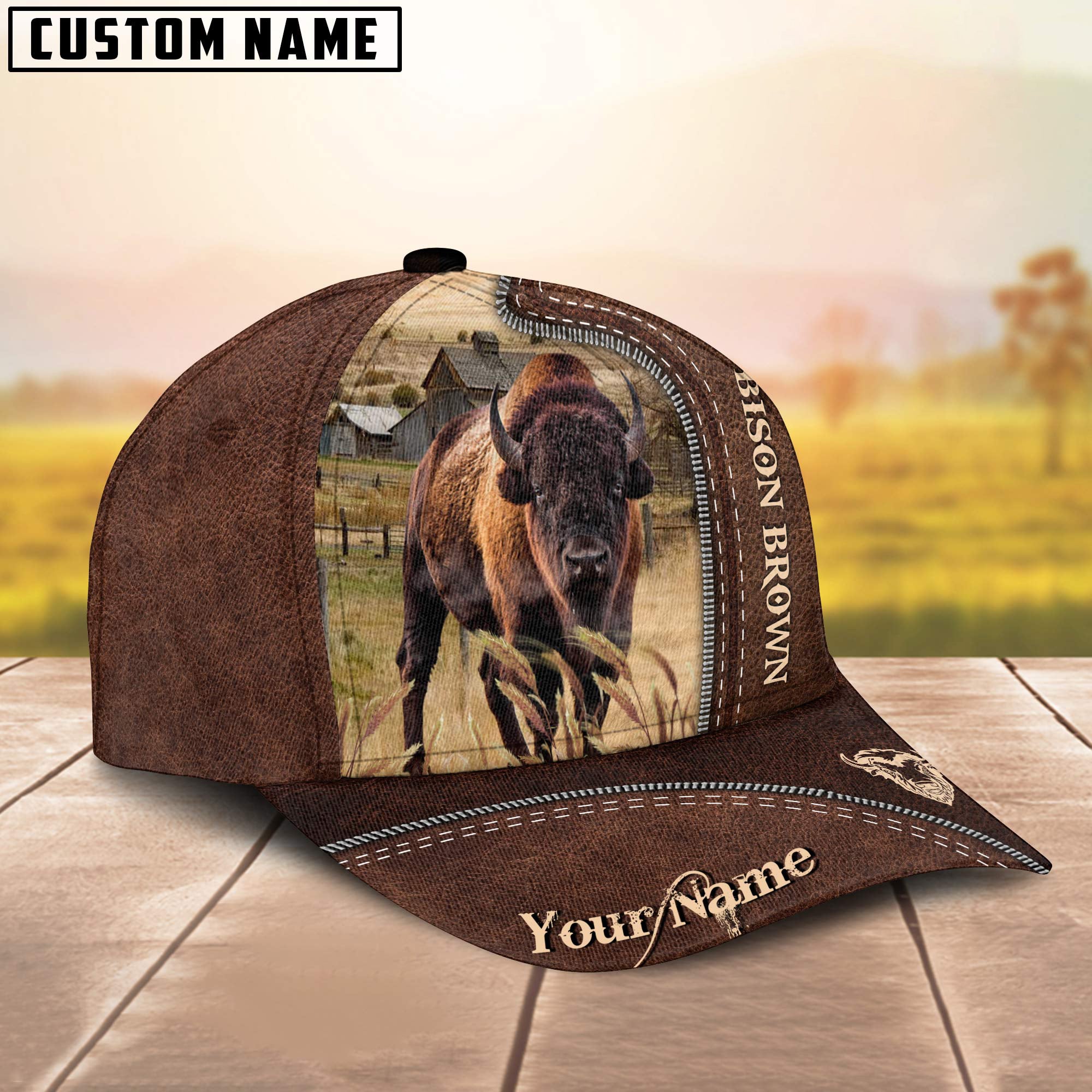 Bison Brown Customized Name Leather Pattern Cap