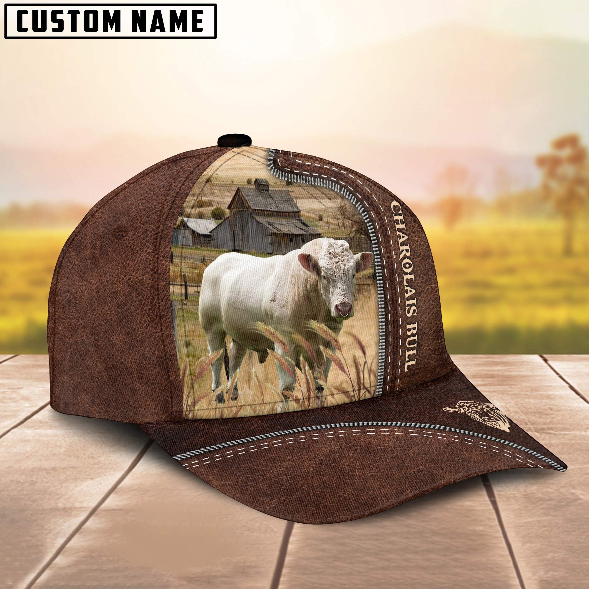 Charolais Bull Customized Name Leather Pattern Cap