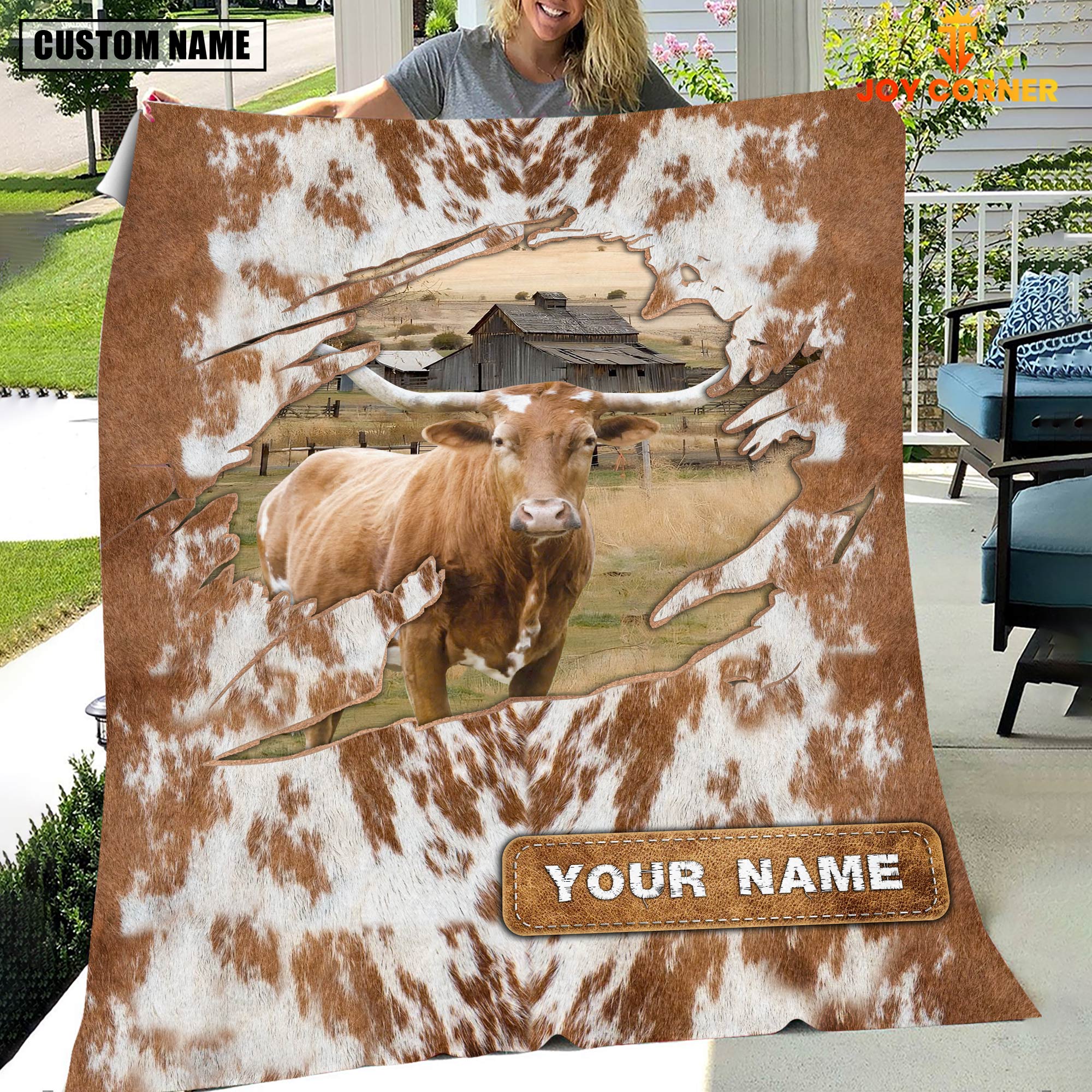 Custom Name Texas Longhorn Cow Hair Pattern Blanket