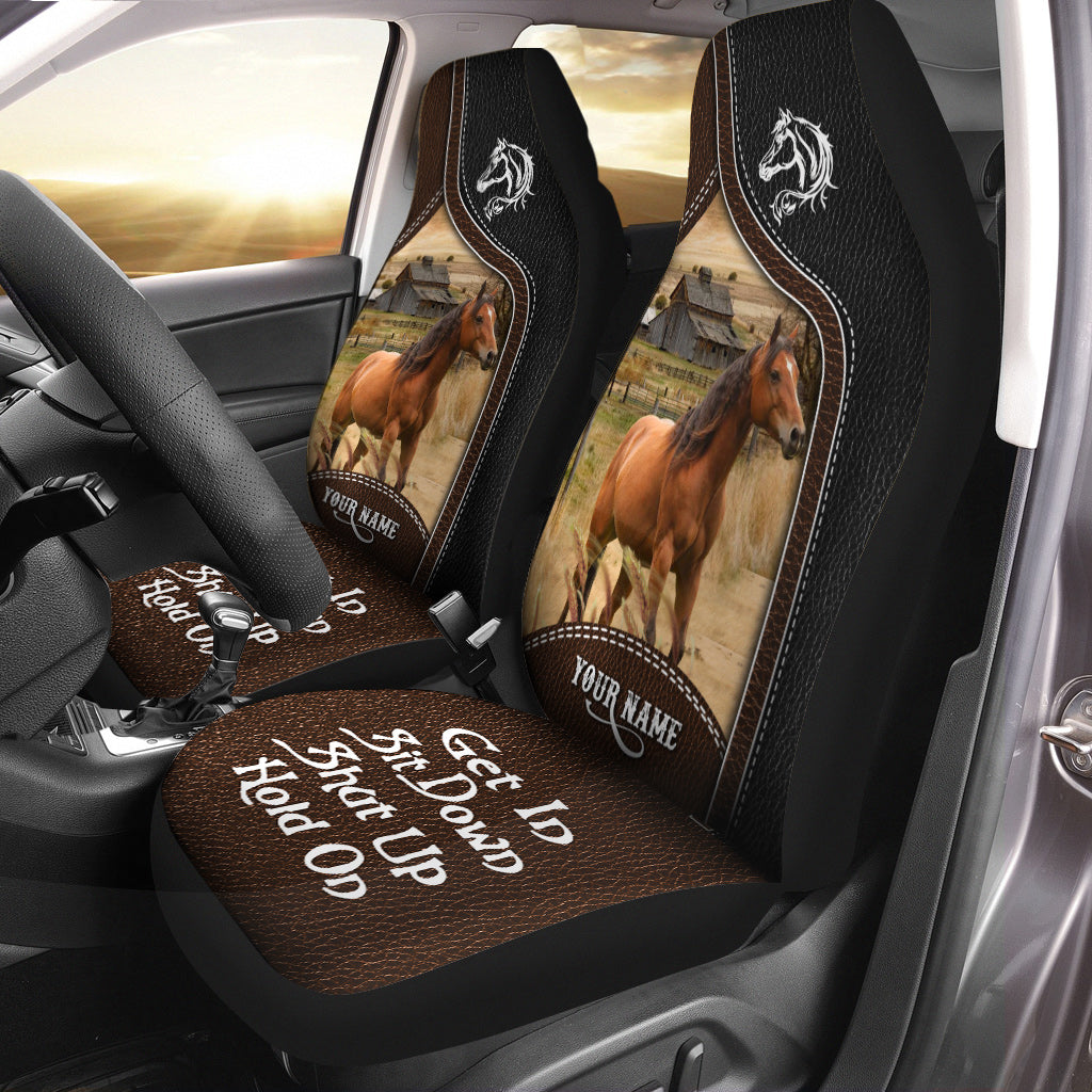 Brown Horse Personalized Name Black And Brown Leather Pattern Car Seat Covers Universal Fit (2Pcs)