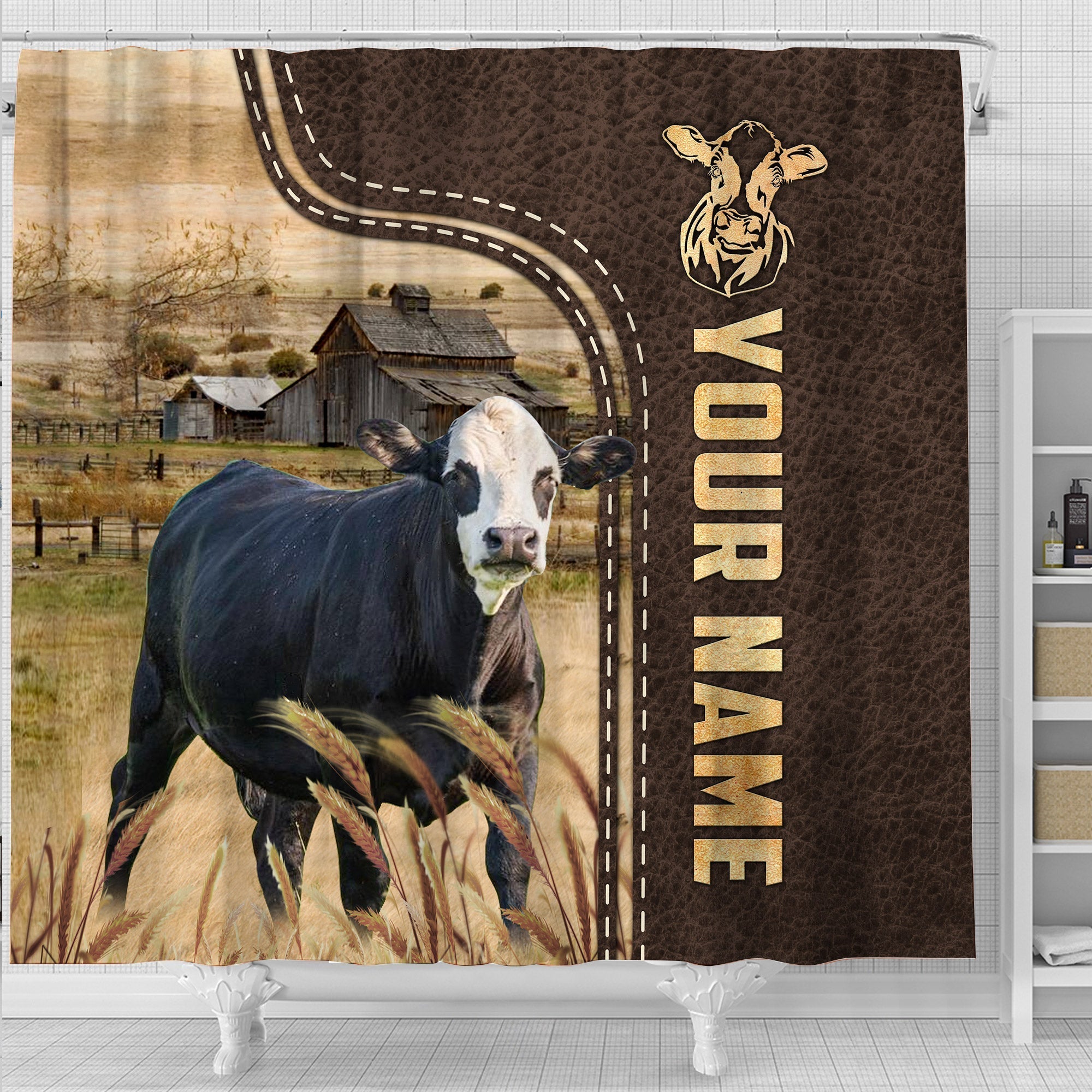 Black Baldy Leather Pattern Custom Name Shower Curtain