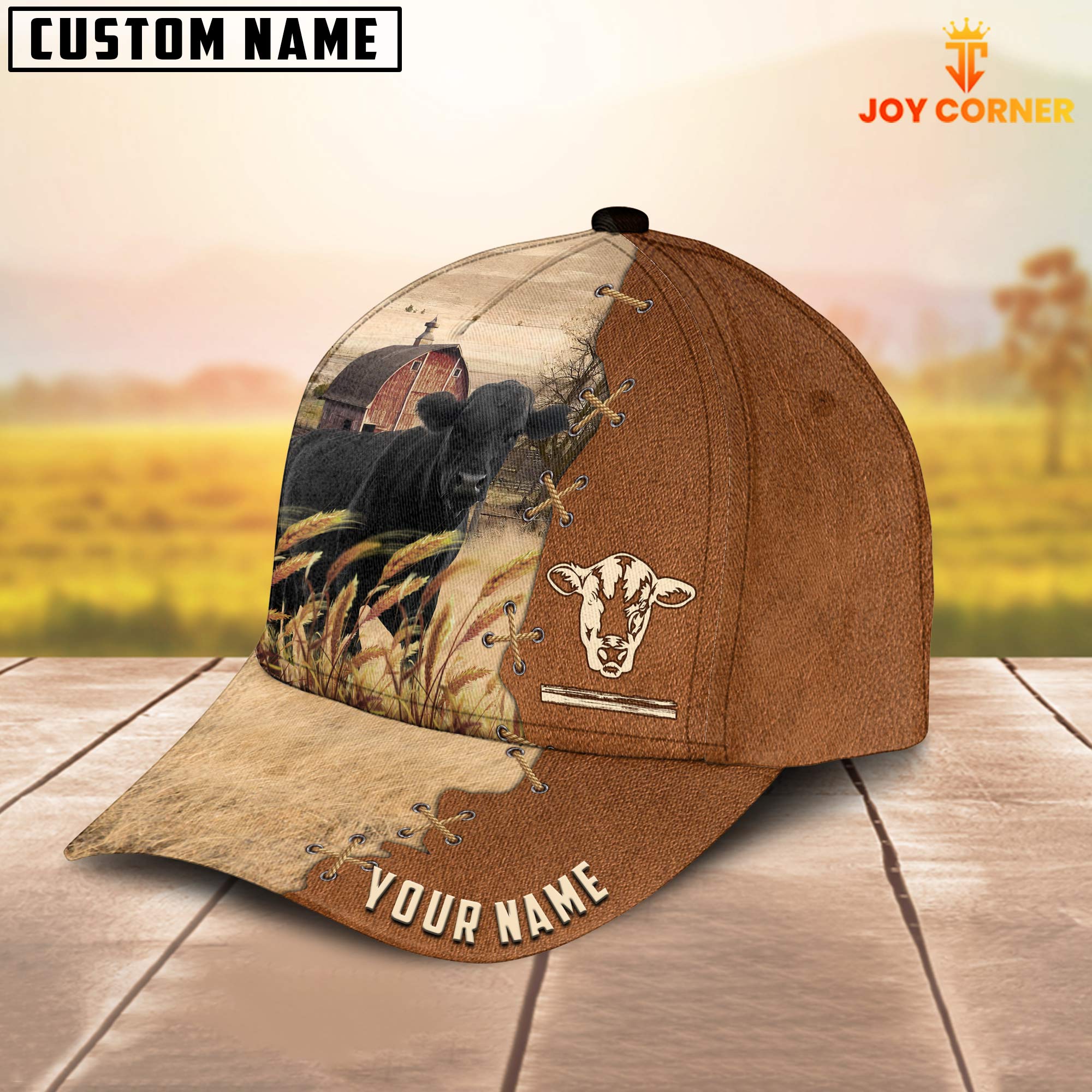 Black Angus Custom Name Brown Leather Pattern Cap