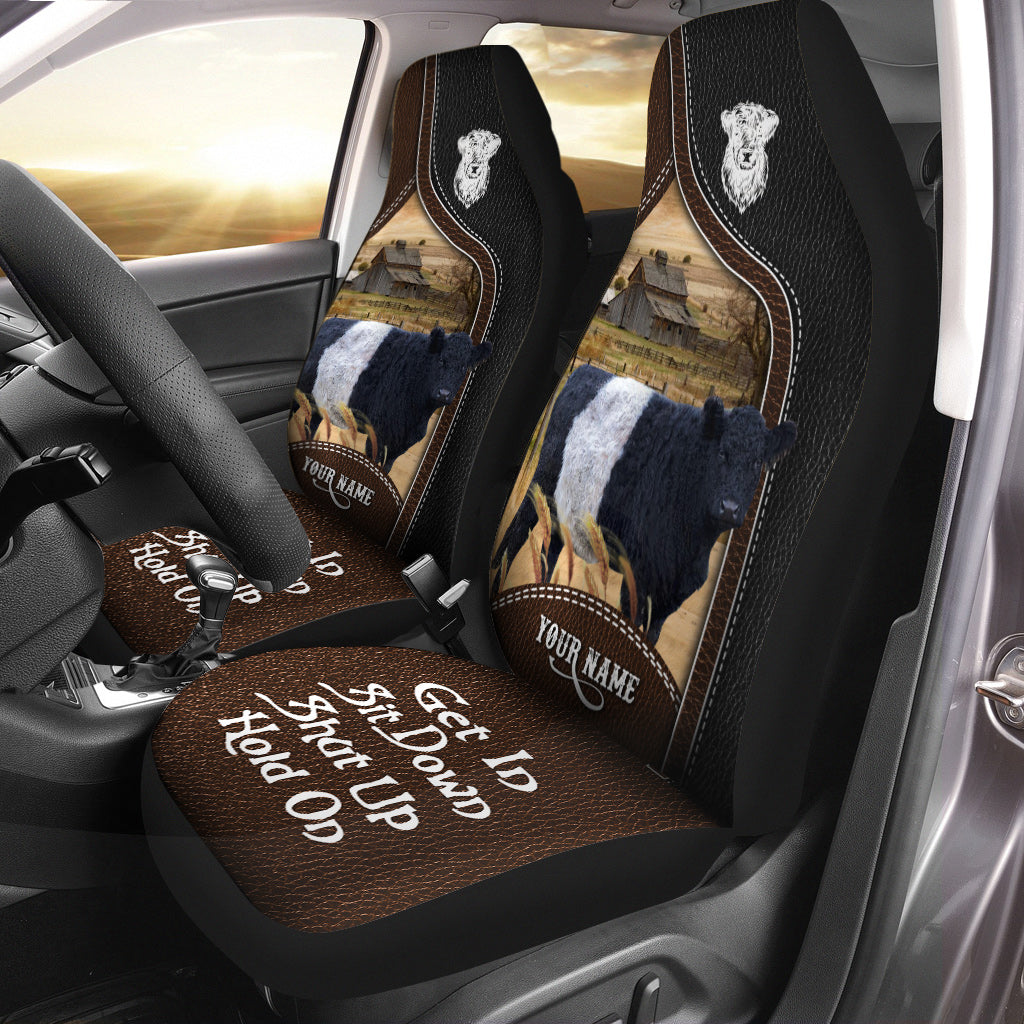 Belted Galloway Personalized Name Black And Brown Leather Pattern Car Seat Covers Universal Fit (2Pcs)