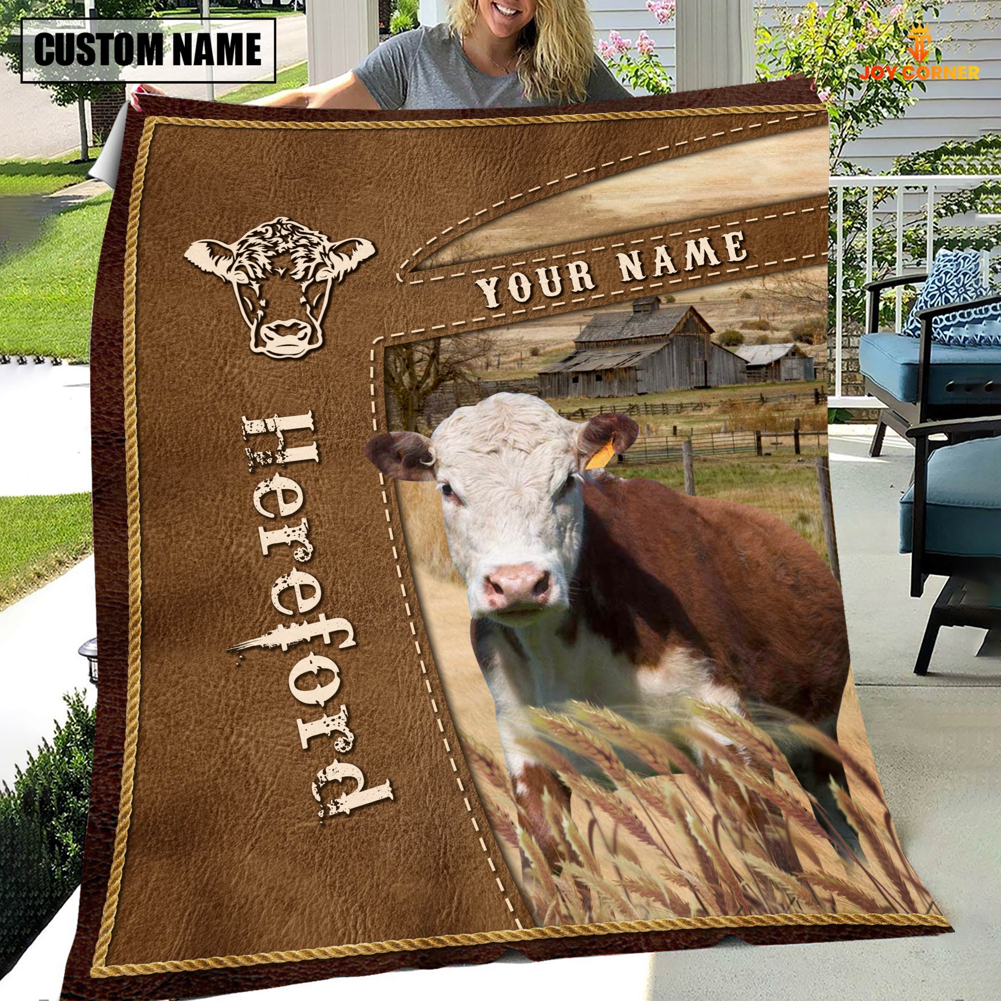 Personalized Name Hereford Farm Leather Brown Blanket