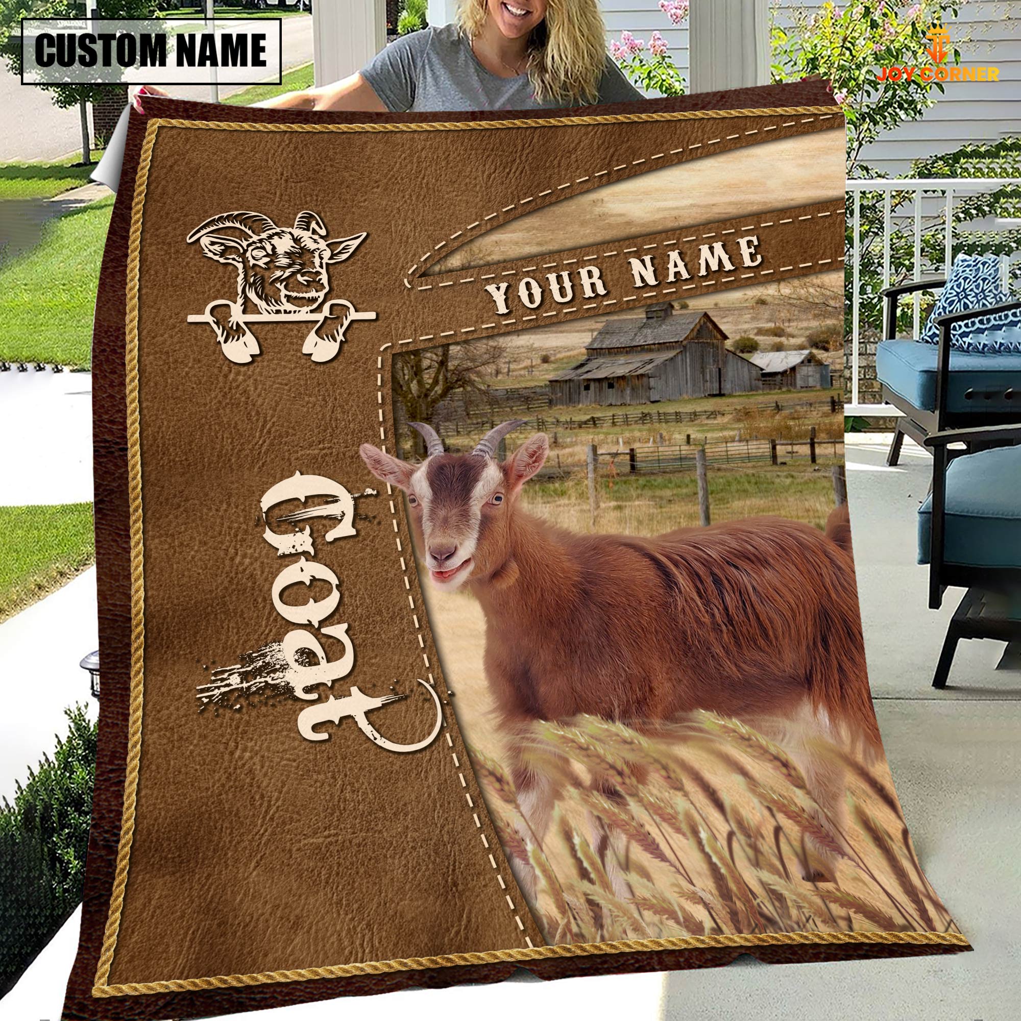 Personalized Name Goat Farm Leather Brown Blanket