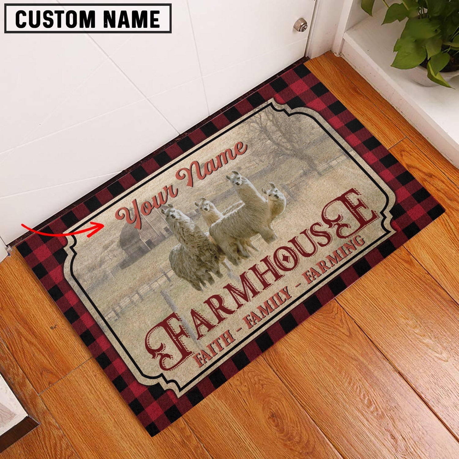 Llama Faith Family Farming Custom Name Doormat
