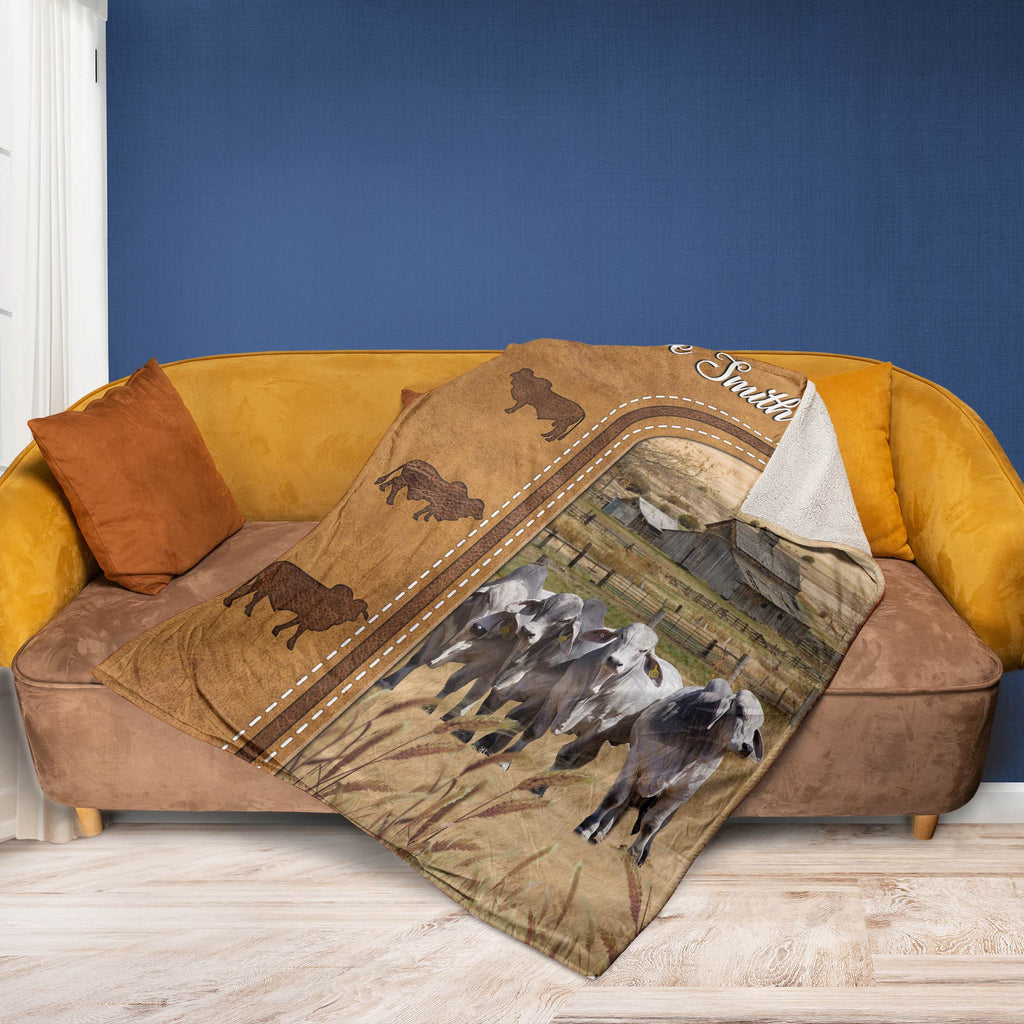 Personalized Brahman Cattle In Field Farmhouse Blanket