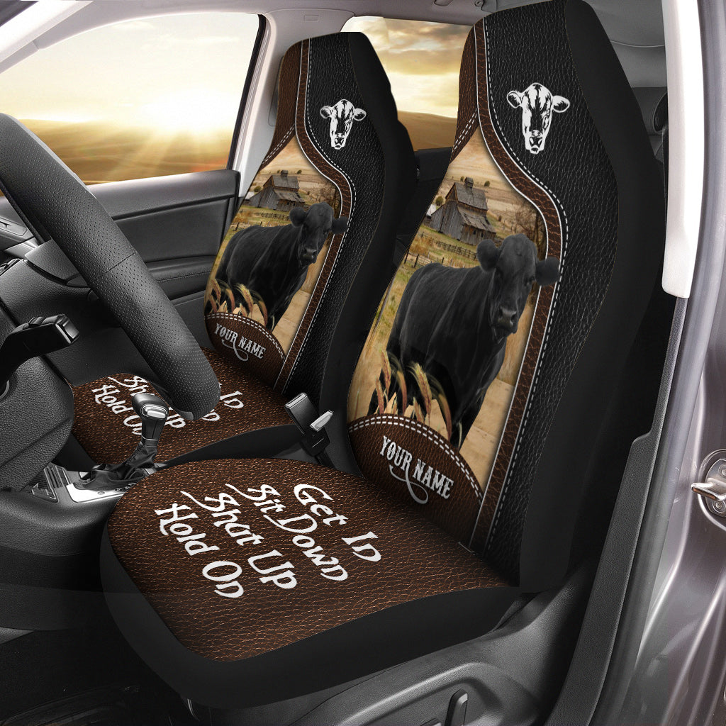 Black Angus Personalized Name Black And Brown Leather Pattern Car Seat Covers Universal Fit (2Pcs)