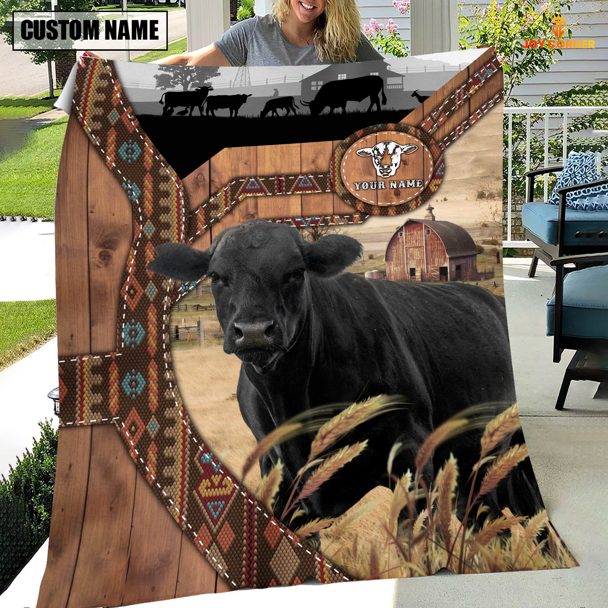 Black Angus Custom Name Brocade Pattern Blanket