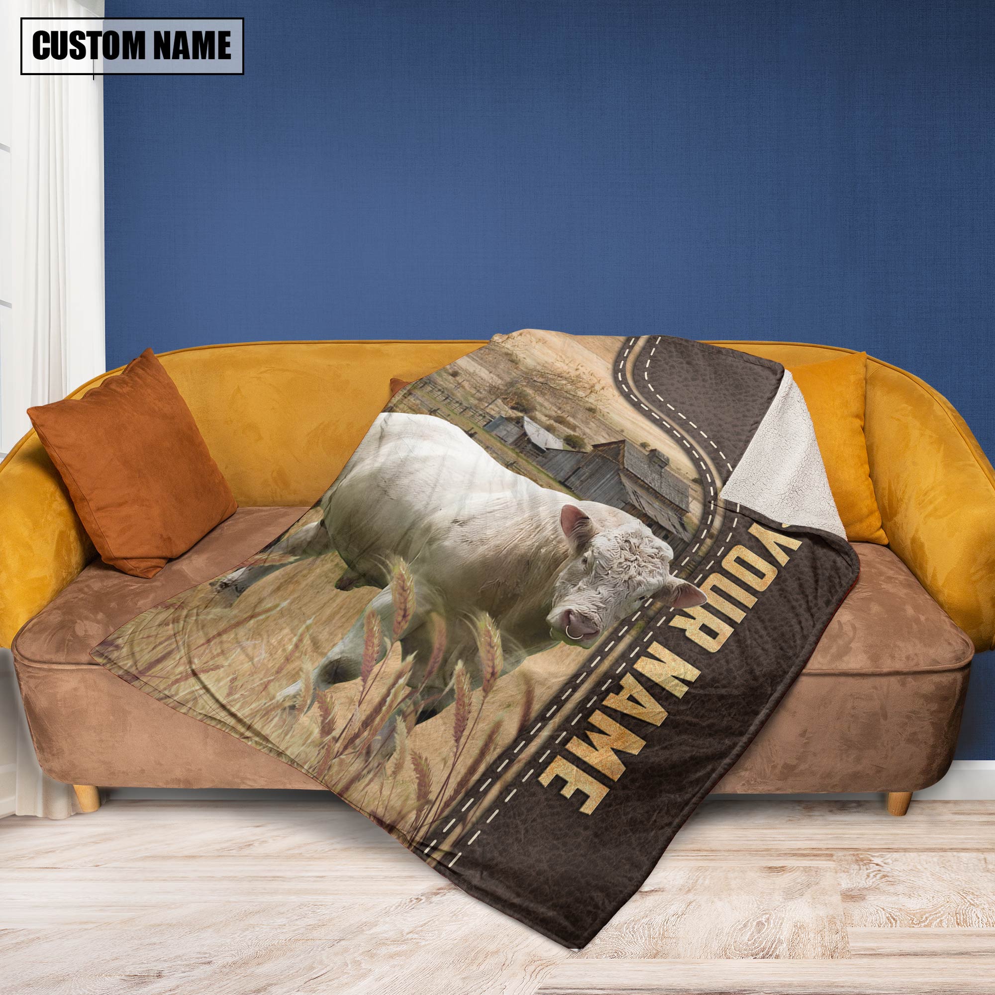 Personalized Name Charolais Bull Leather Pattern Blanket