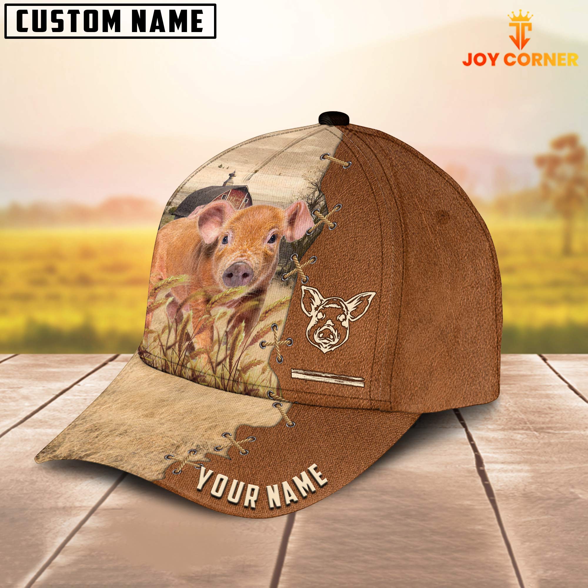Pig Brown Custom Name Brown Leather Pattern Cap