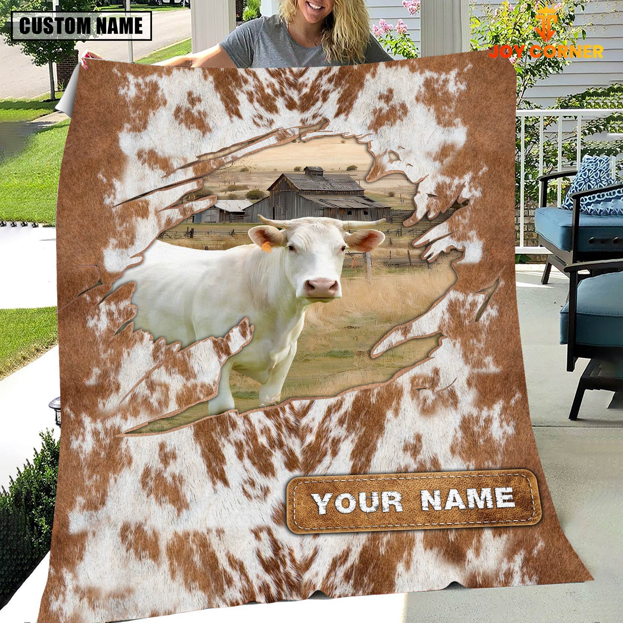 Custom Name Charolais Cow Hair Pattern Blanket