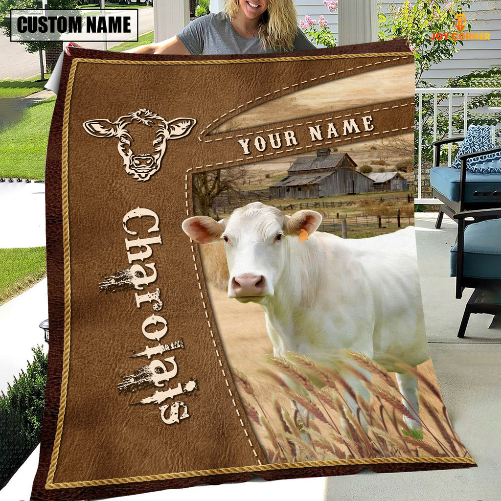 Personalized Name Charolais Farm Leather Brown Blanket