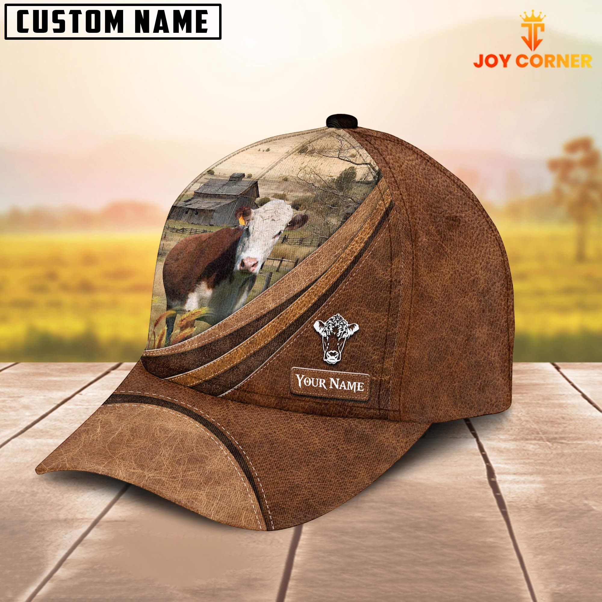 Custom Name Hereford Leather Pattern Classic Cap